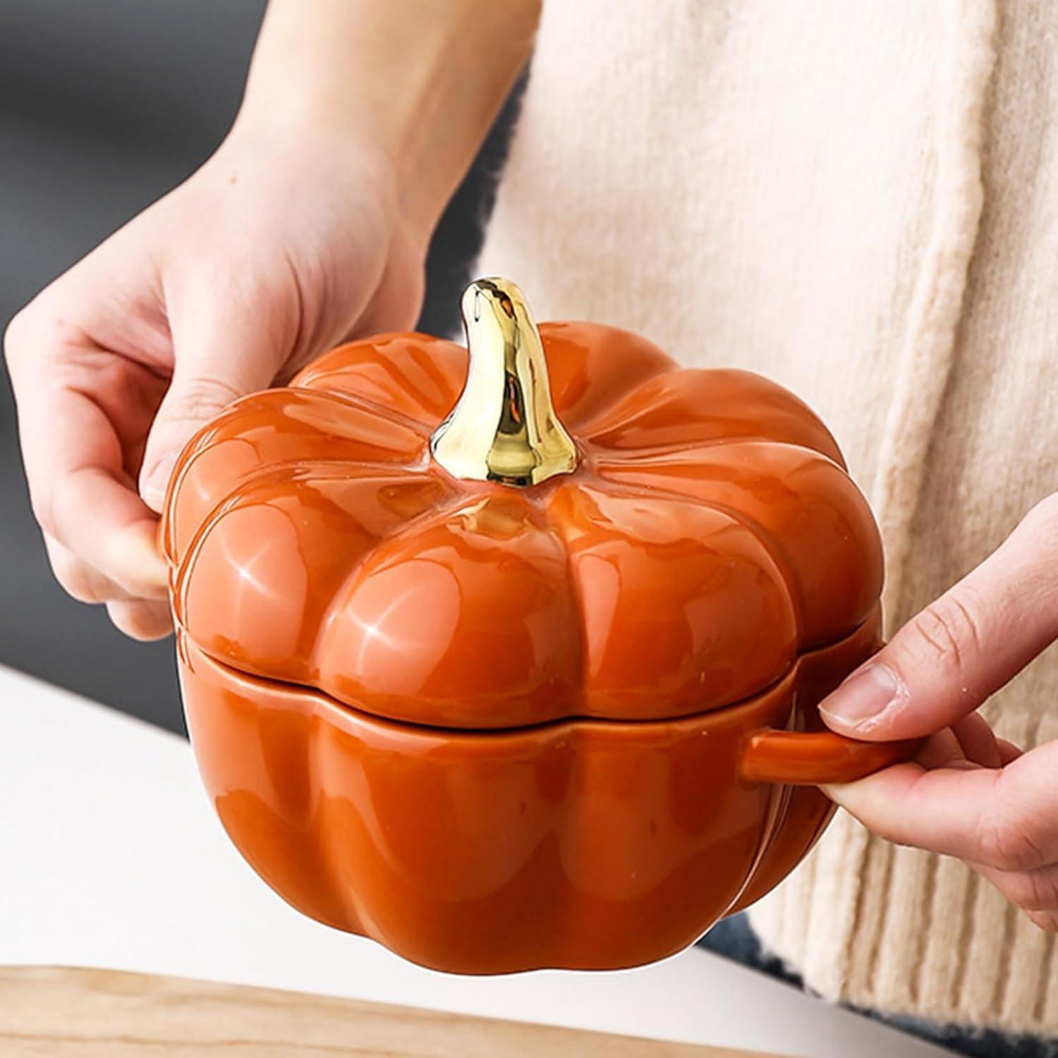 Orange Ceramic Pumpkin Soup Bowl with Cast Iron Lid