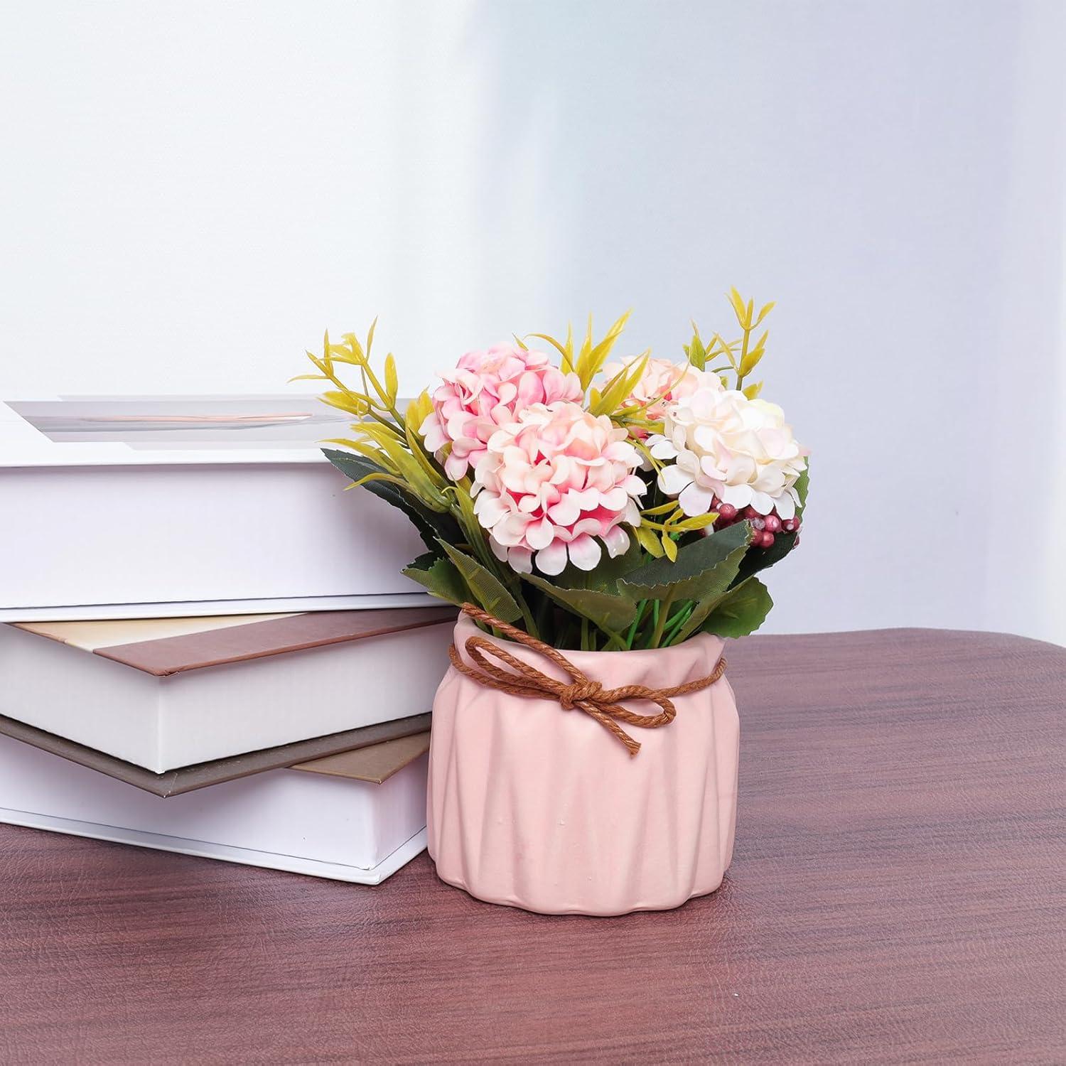 Artificial potted flowers, small ceramic vases fake flower plants for home and office interior tabletop decoration, artificial flower hydrangeas - Pink
