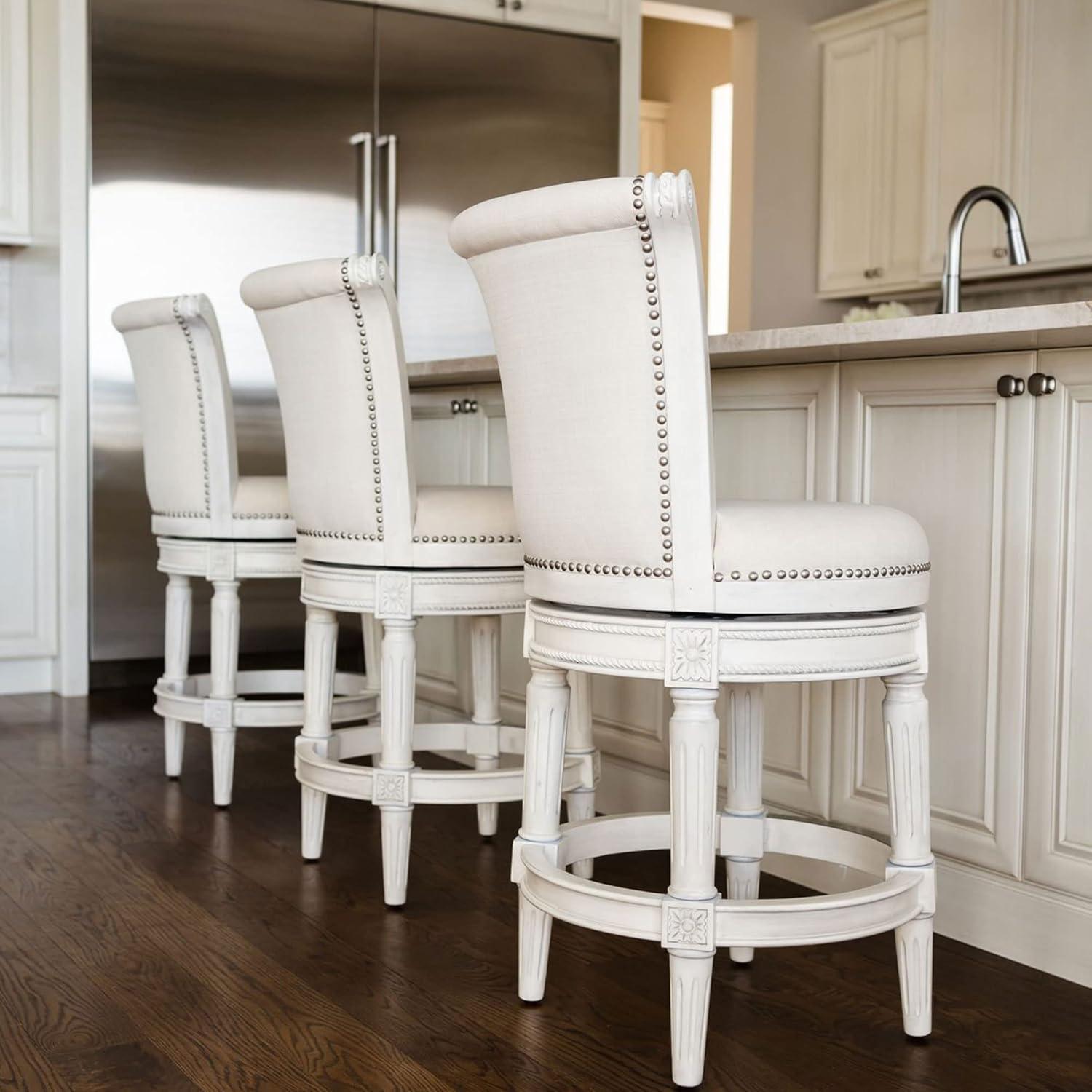 White Oak Swivel Upholstered Bar Stools with Nailhead Trim, Set of 3