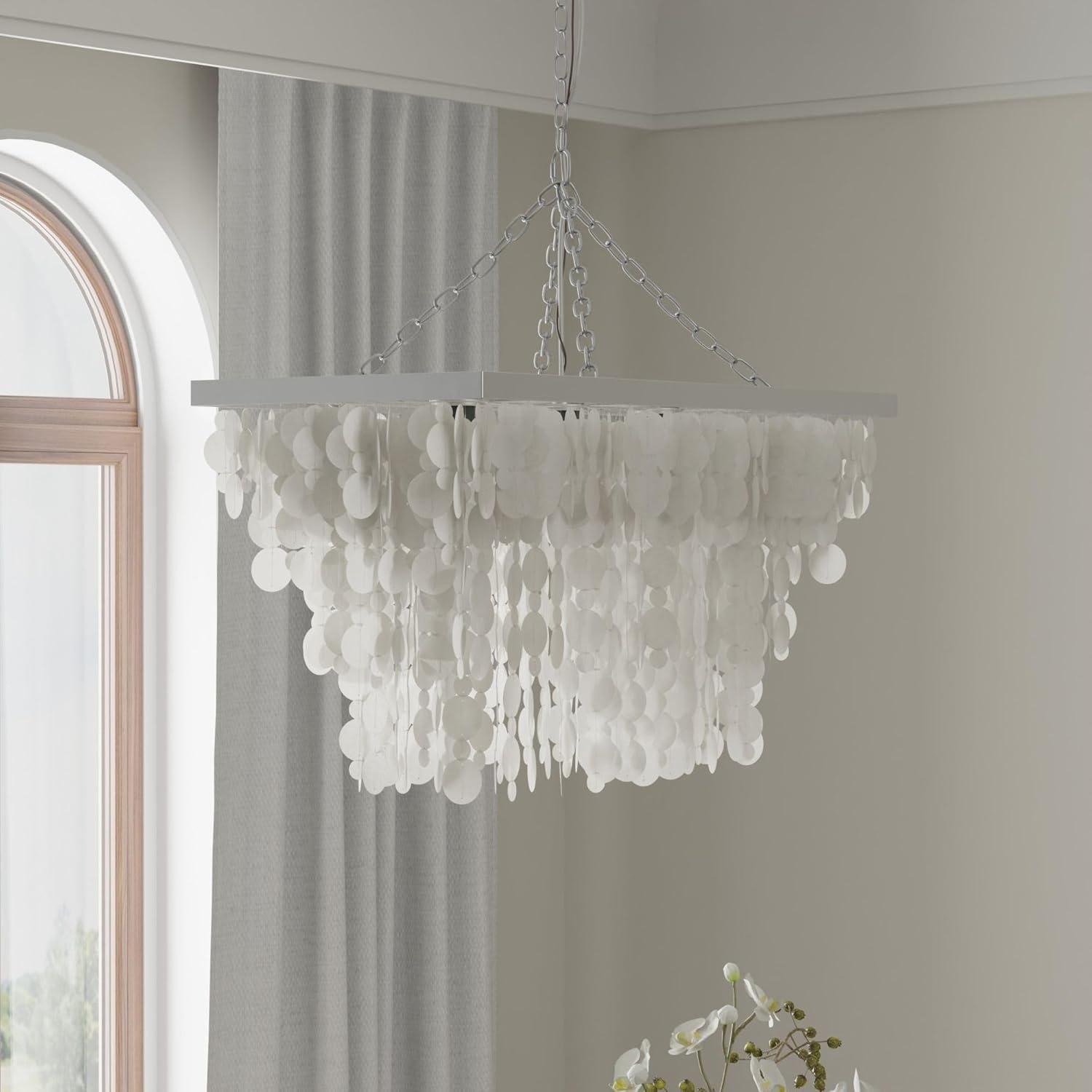 Kouboo Rectangular Chandelier With Capizzi, Pendant Lighting, Chandelier For Living Room, Dining Table, Bedroom, Kitchen, White
