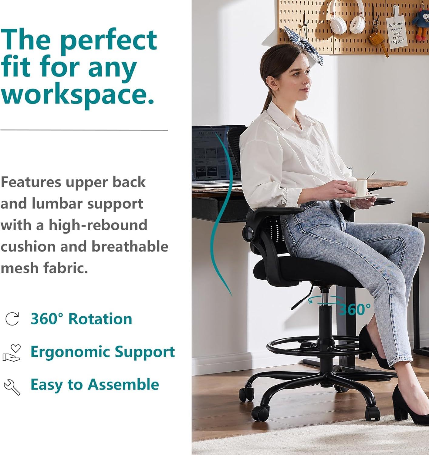 Black Mesh Adjustable Office Drafting Chair with Arms