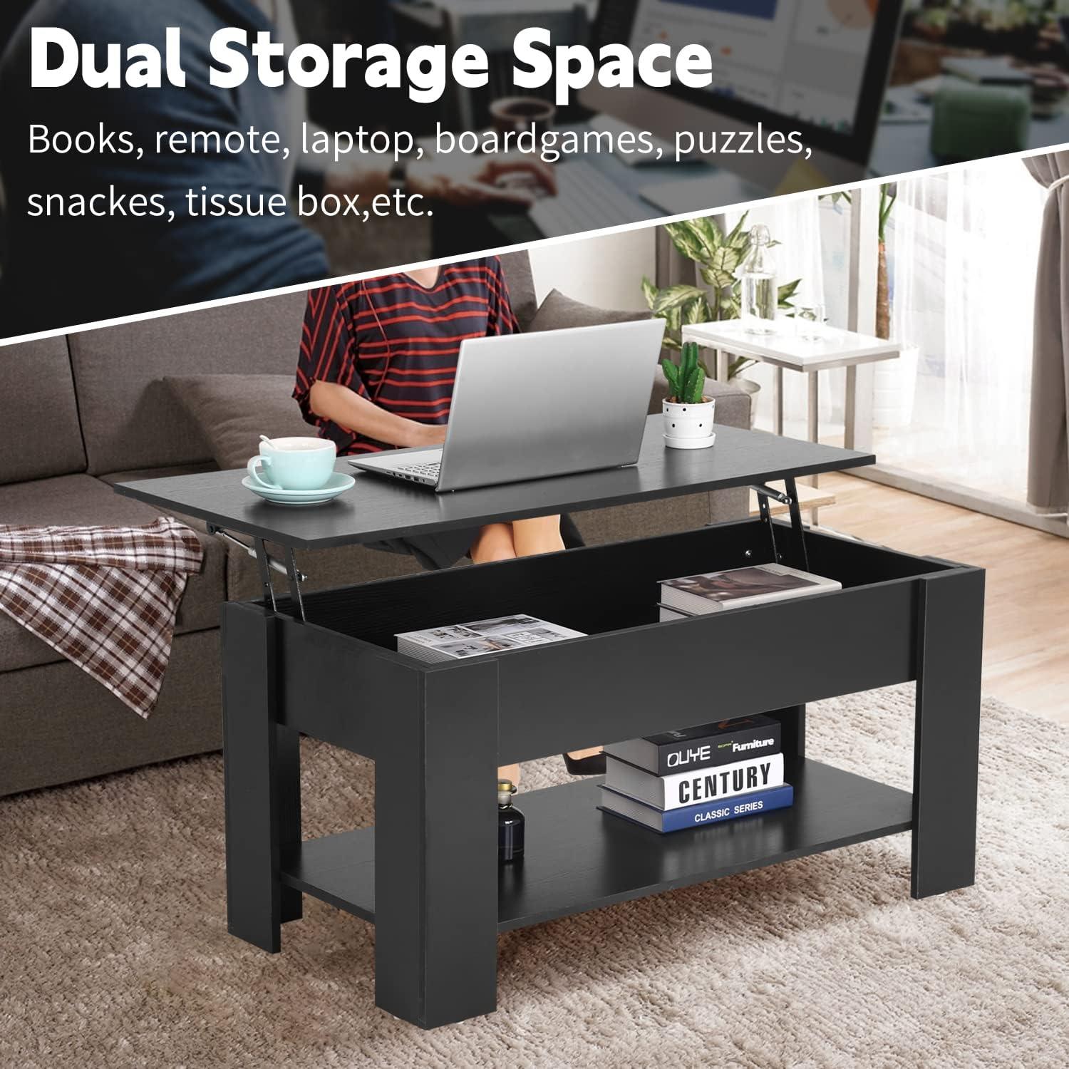 FDW Coffee Tables with Hidden Compartment and Storage Shelf Wooden Lift Tabletop Dining Table for Living Room Home (White)