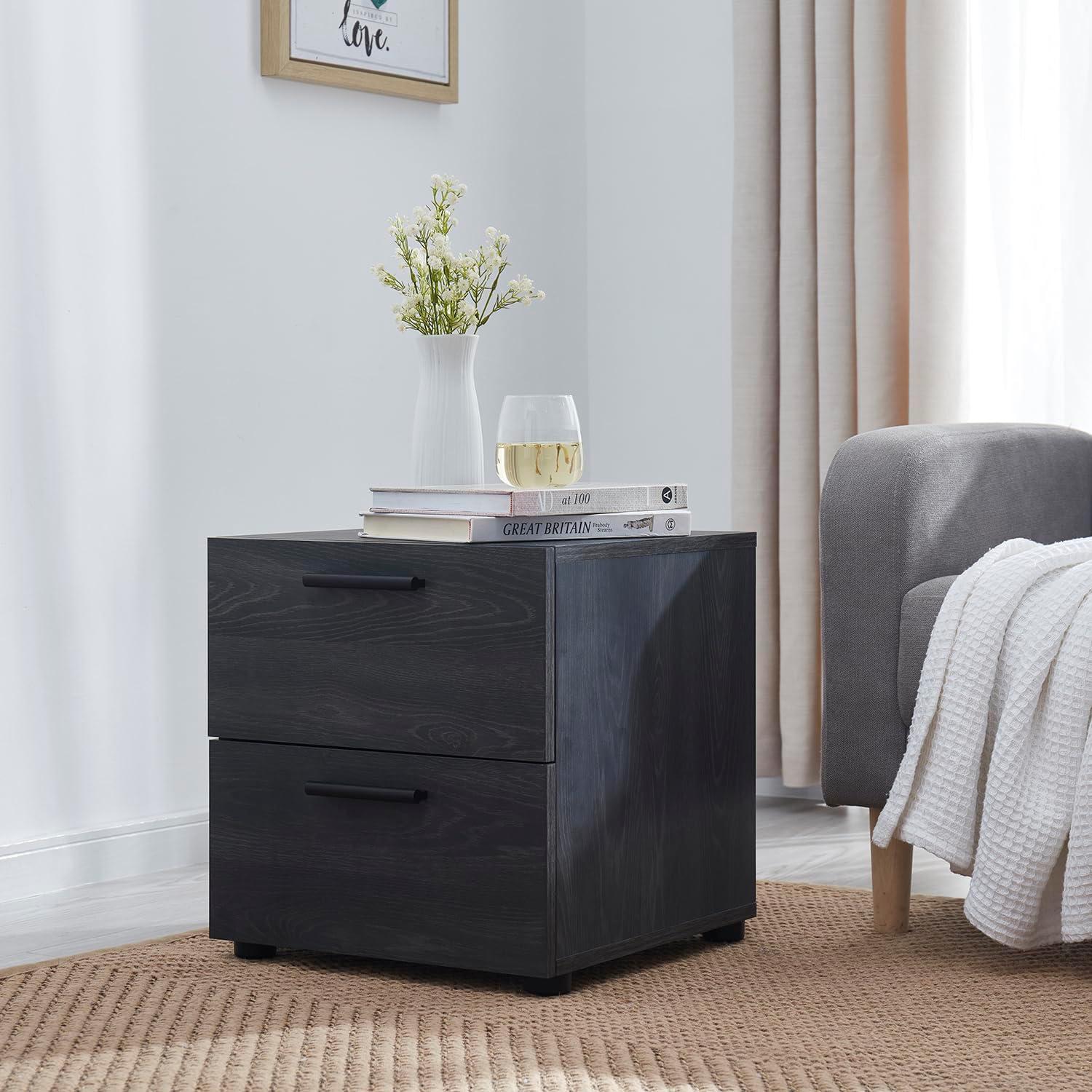 Bryt Black 2-Drawer Wood Nightstand with Steel Legs