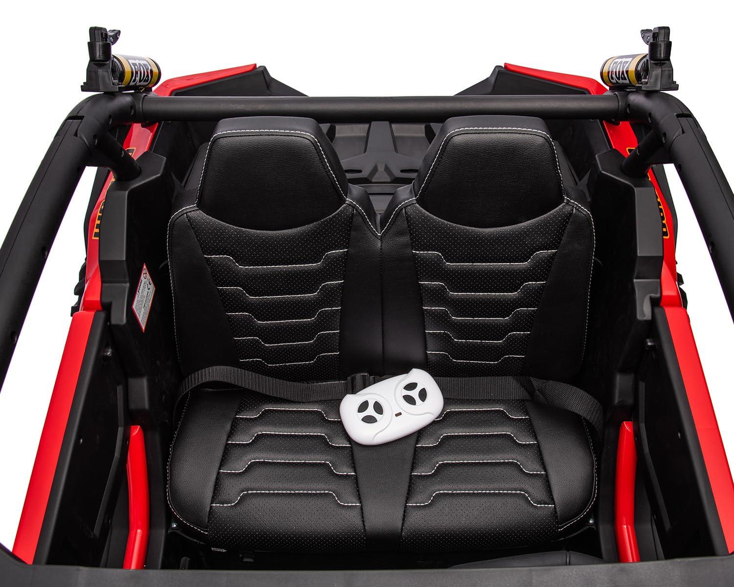 Huloretions Two Seater 24V Kids Ride on UTV Car, 4WD 300W Motors Powerful Electric Vehicle w/Remote Control, 4 Shock Absorbers, Leather Seats, Music and Lights, Electric Car for Kids