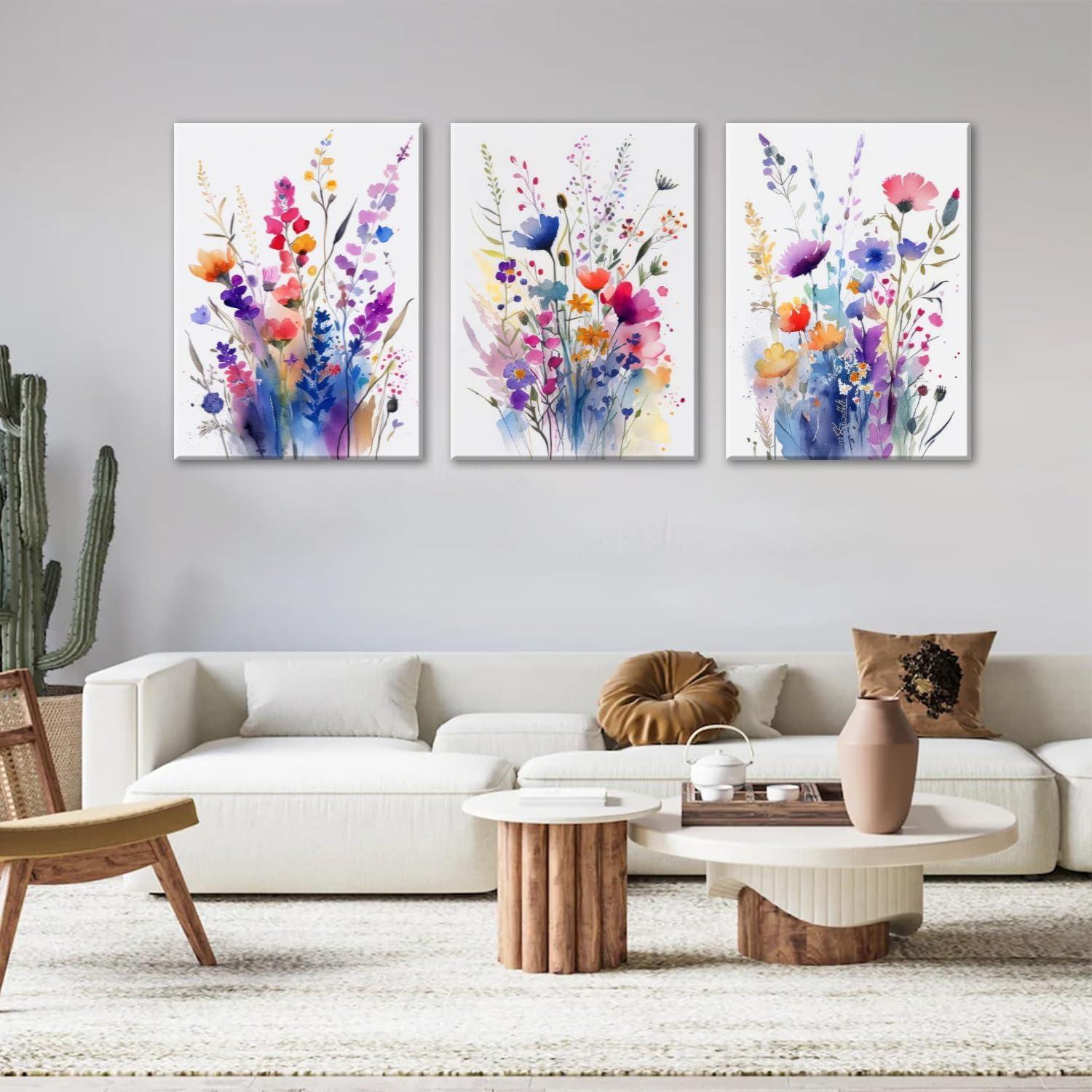 JRXY 3 Pcs Framed Watercolor Floral Botanical Canvas Wall Art Colorful Wildflower Plant Paintings Prints Posters 12x16 in