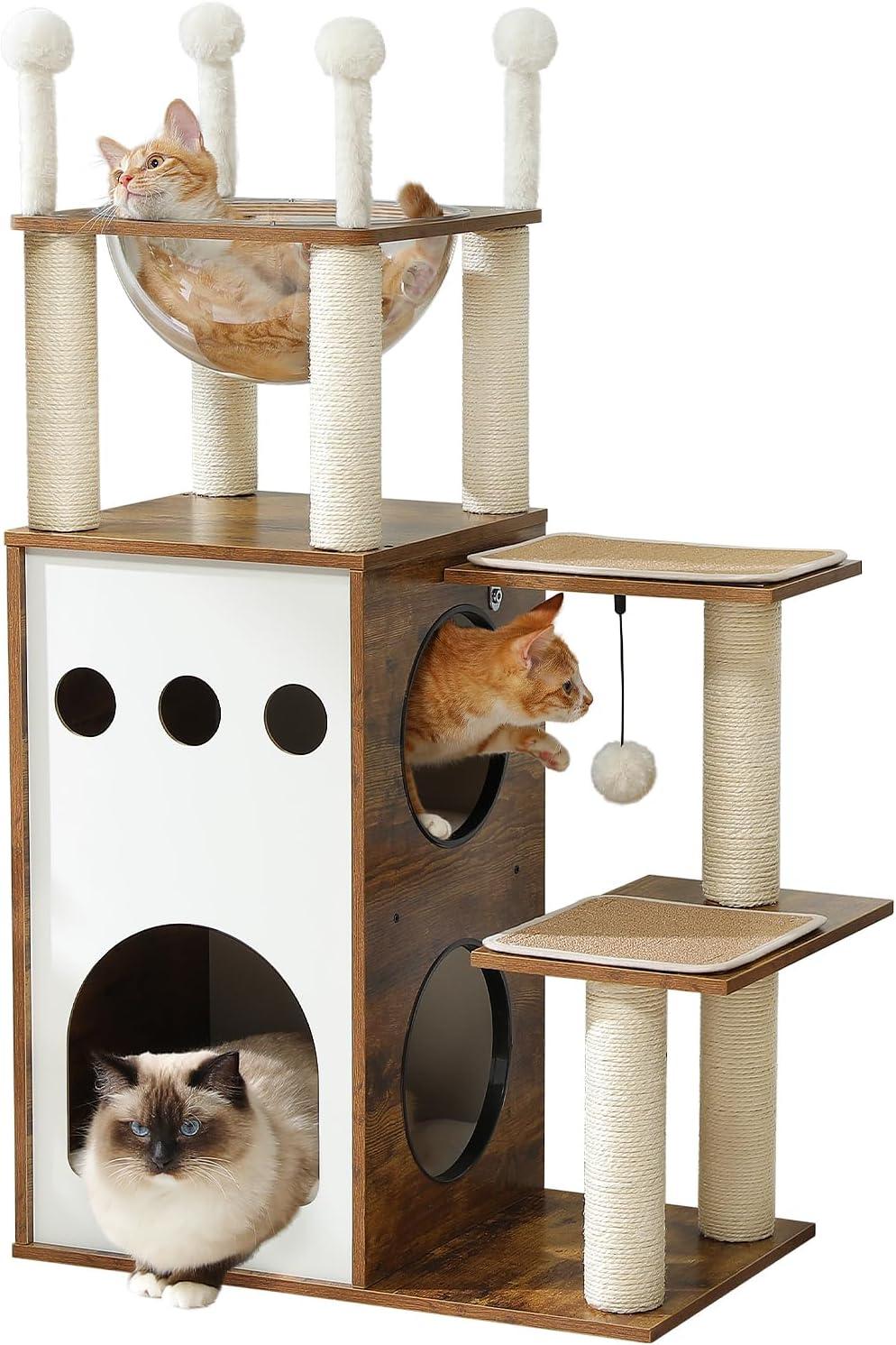 Ivy Bronx Modern Cat Tree Cat Tower With 2-Floor Condo, Scratching Posts, Capsule Nest & Dangling Balls