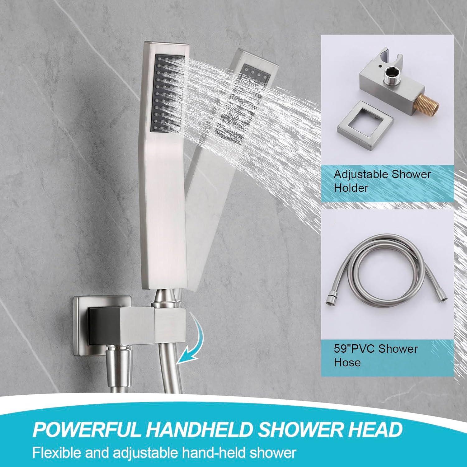AWZTOO Wall Mounted Shower Faucet With Hand Shower Modern Shower System Set 10 Inch Rainfall Shower Head With Pressure Balance Valve Brushed Nickel