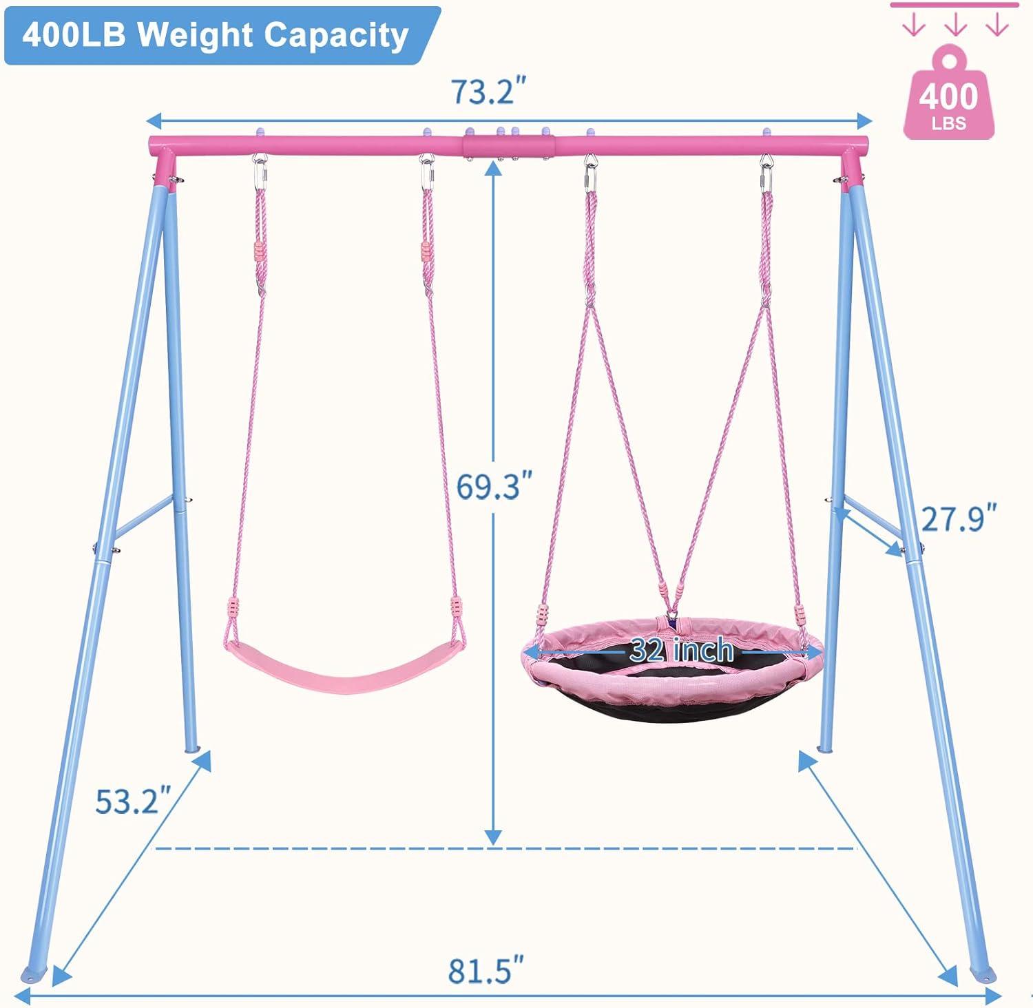 Outdoor Swings for Kids, 440lbs, Heavy-Duty A-Frame Metal Outdoor Swing Stand, 1 Saucer & 1 Belt Swing Seat for Playground, Backyard Blue