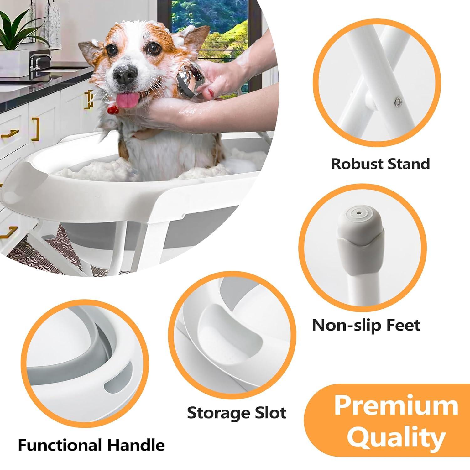 Dog Bathtub 2 in 1, 34 x 19 Inch Dog Washing Station Portable, Dog Bath for Shower and Grooming, Dog Tub for Medium Dogs, Cats, Indoor and Outdoor, White