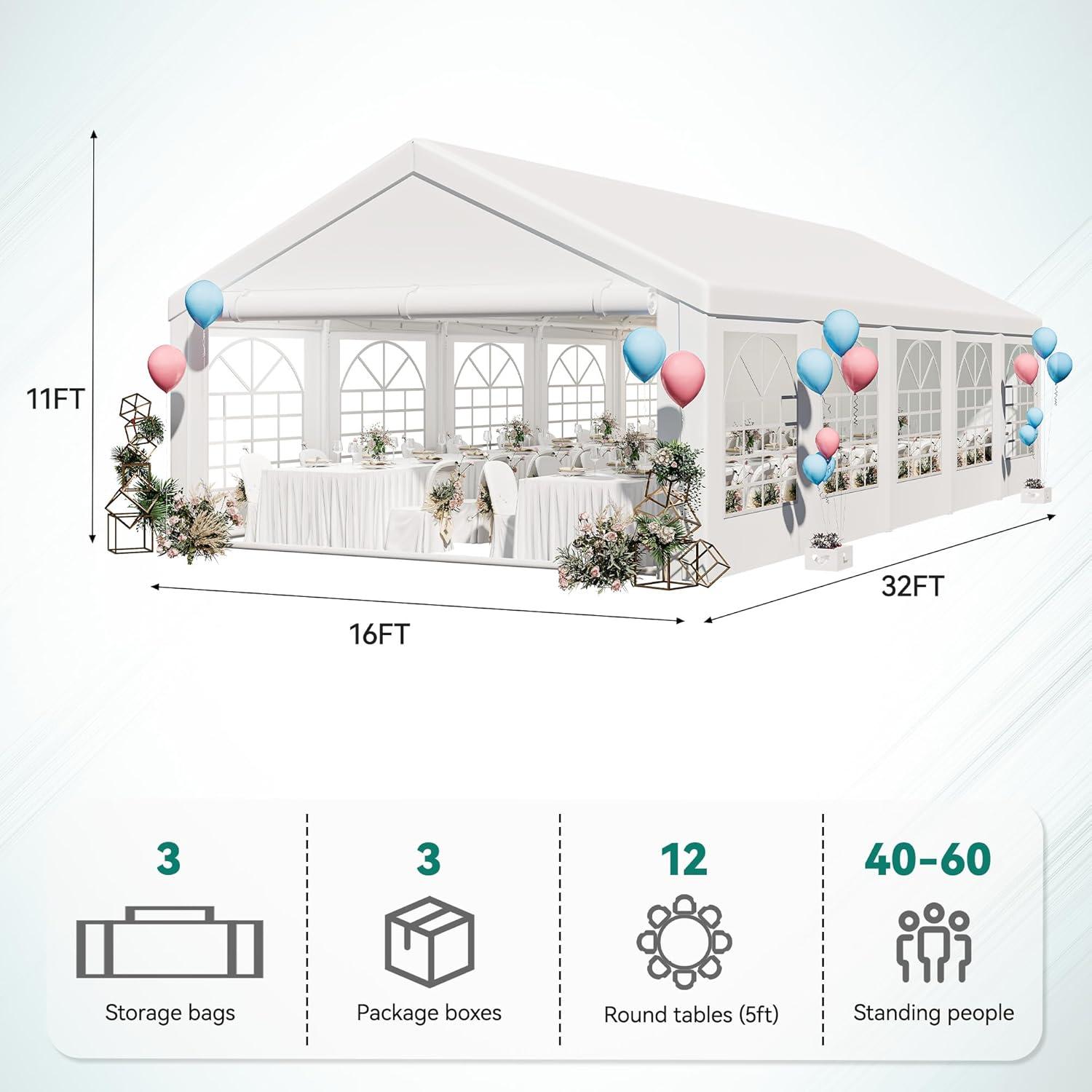 Dextrus 16x32FT Party Tent Heavy Duty PVC Wedding Event Shelters White Upgraded Galvanized Ripple Canopy with Large Roof Removable Sidewalls & 3 Storage Bags 600D Oxford Commercial