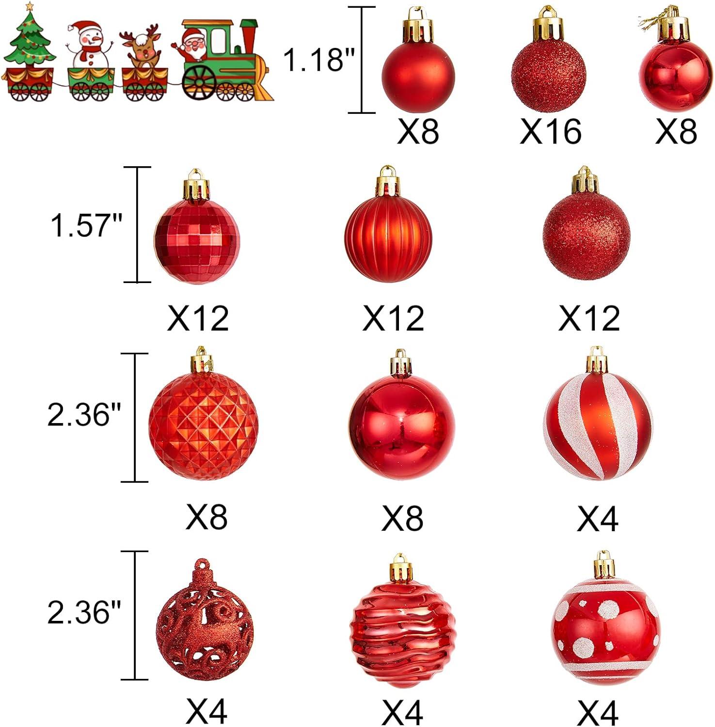 Yhmxh 100Pcs Christmas Ball Ornaments Sets, Christmas Decorations Shatterproof Xmas Balls for Christmas Tree Decor, Assorted Shapes and Sizes Hanging Ball for Holiday Festival Party Event - Red