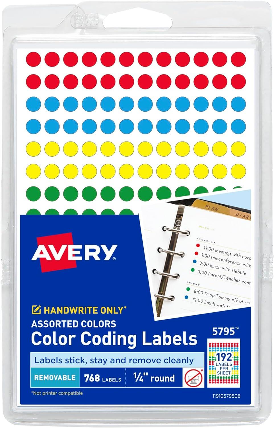 Avery Handwrite Only Removable Round Color-Coding Labels 1/4" dia Assorted 768/Pack 05795