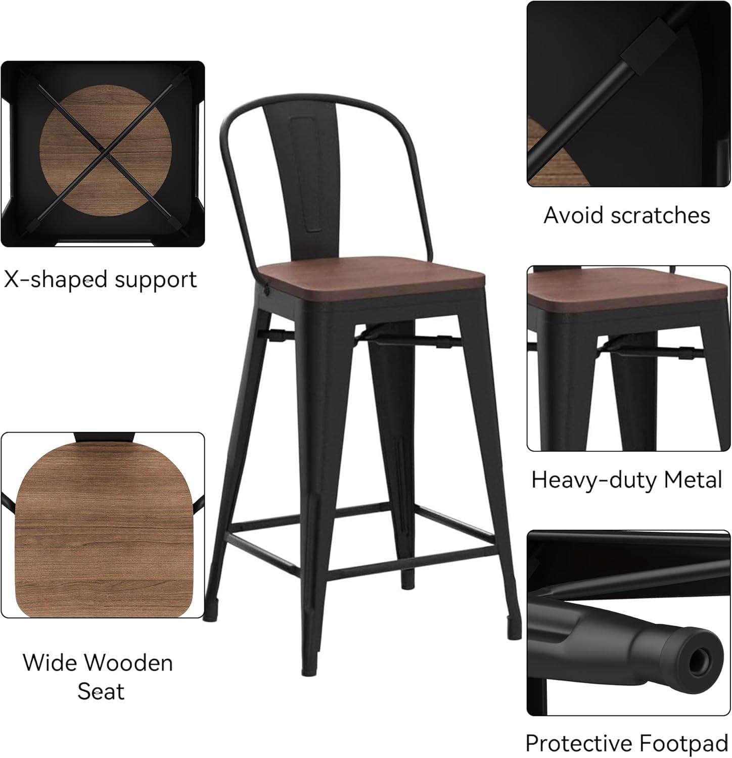 Black Metal Swivel Bar Stools with Wooden Seat, Set of 4