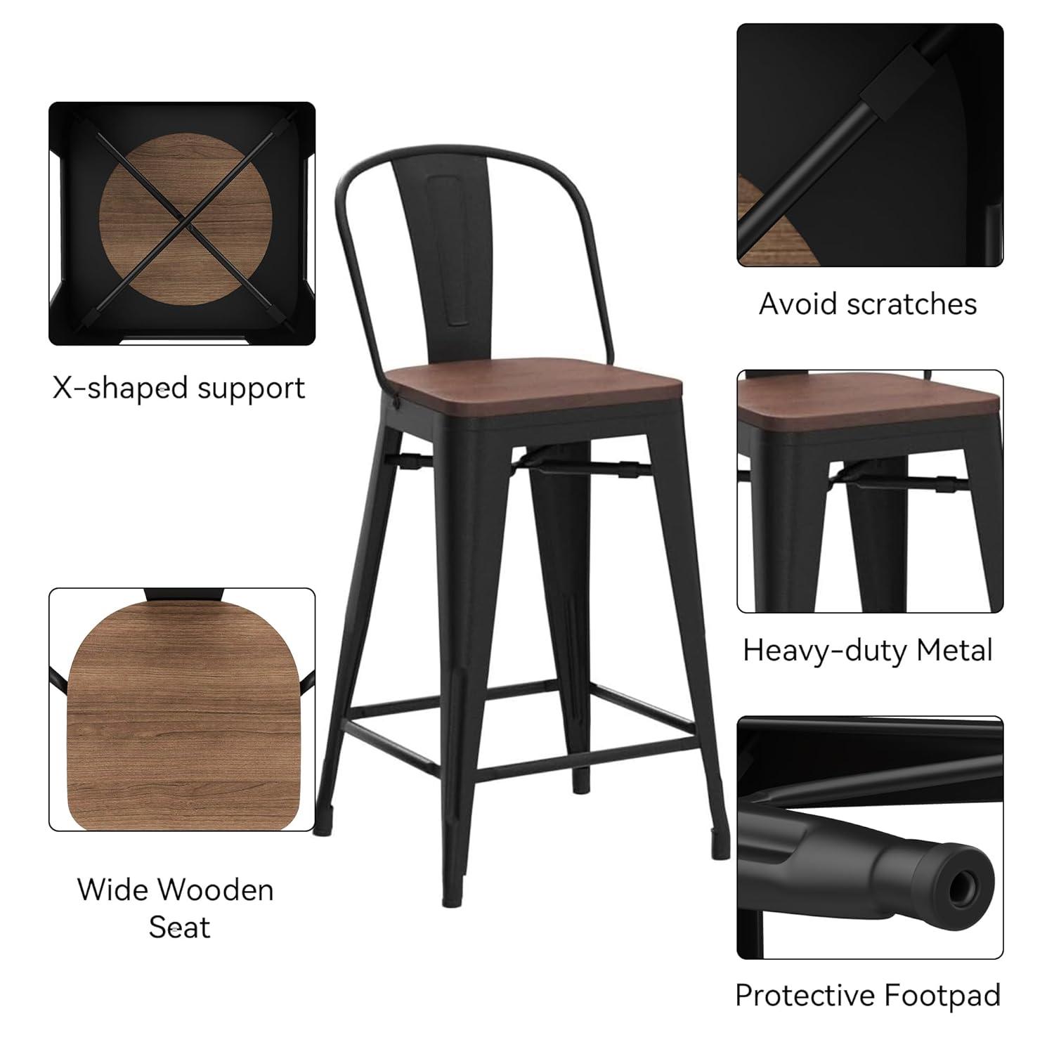 Andeworld Swivel Metal Bar Stools Set of 4 Counter Height Stools Counter Bar Stools with Back Swivel Metal Bar Chairs Wooded Seat 30 Inch Matte Black