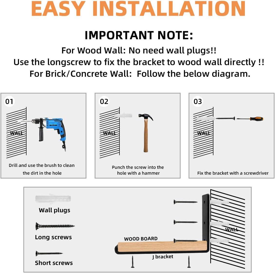 Shelf Brackets 8 Inch, Heavy Duty Black Metal Floating Shelf Bracket, Rustic Farmhouse Decorative Iron L Bracket with Lip/Hook, J Brackets Wall Angel Corner Brace for Wood Shelves - 6 Pack