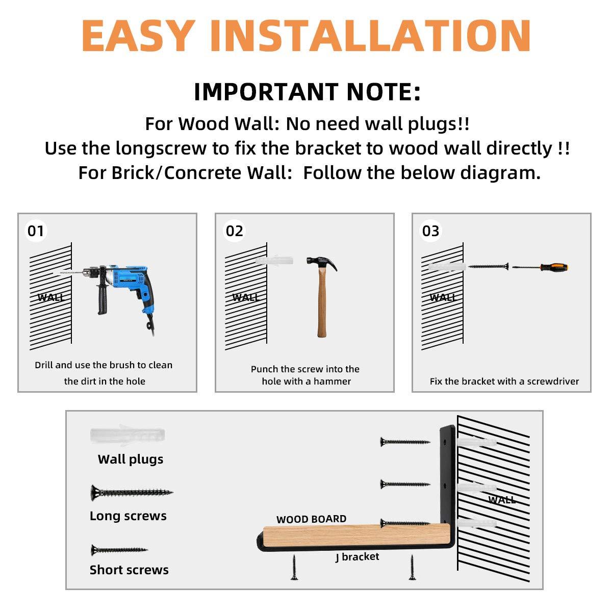 Shelf Brackets 8 Inch, Heavy Duty Black Metal Floating Shelf Bracket, Rustic Farmhouse Decorative Iron L Bracket with Lip/Hook, J Brackets Wall Angel Corner Brace for Wood Shelves - 6 Pack