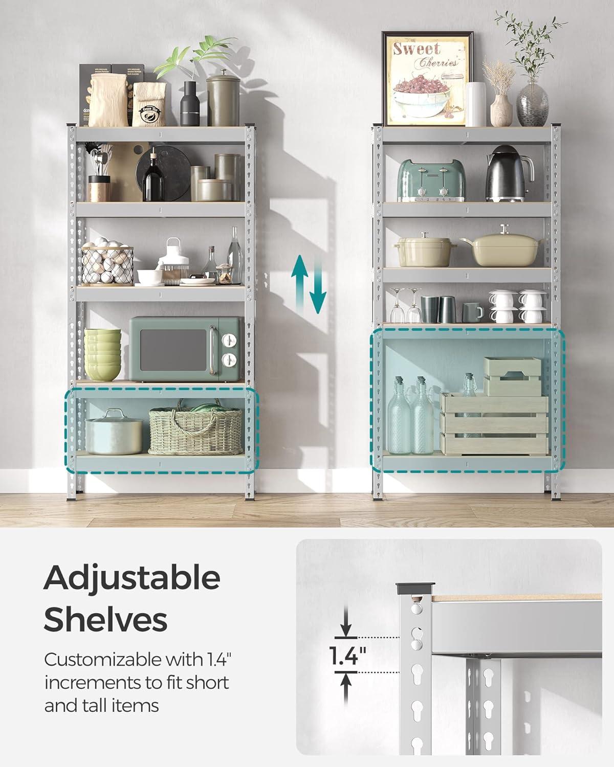 SONGMICS 5-Tier Storage Shelves Metal Garage Storage Boltless Assembly Adjustable Shelving Unit 11.8 x 29.5 x 59.1 inches Load 1929 lb for Shed Warehouse Basement Kitchen Silver