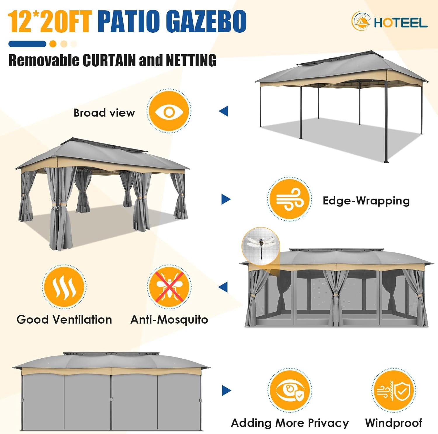 COBIZI 12X20 Heavy Duty Gazebo Outdoor Gazebo with Mosquito Netting and Curtains, Canopy Tent Deck Gazebo with Double-Arc Roof Ventiation and Metal Steel Frame Suitable for Lawn, Backyard, Patio,Gray