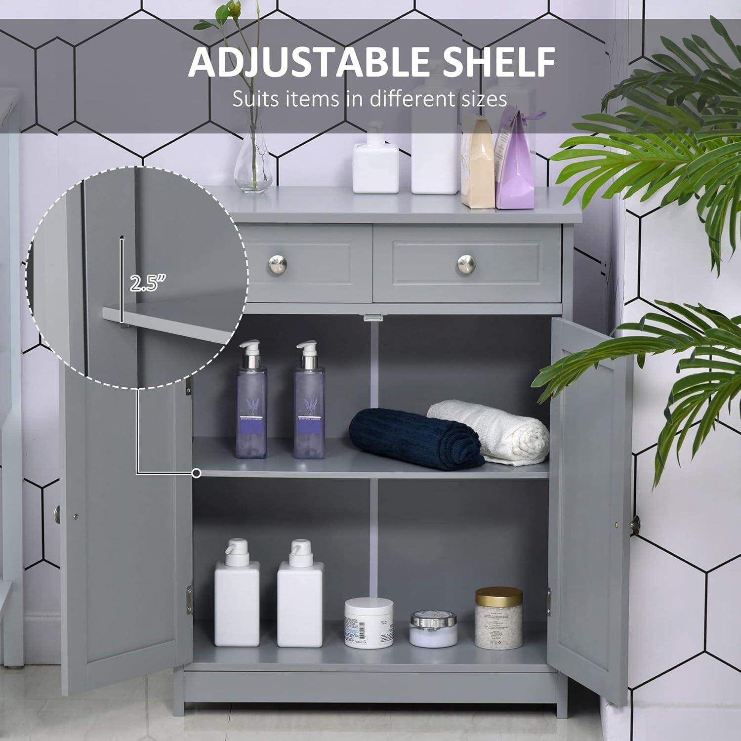 kleankin Wooden Bathroom Floor Cabinet with 2 Doors, 2 Drawers and Adjustable Shelf, Gray