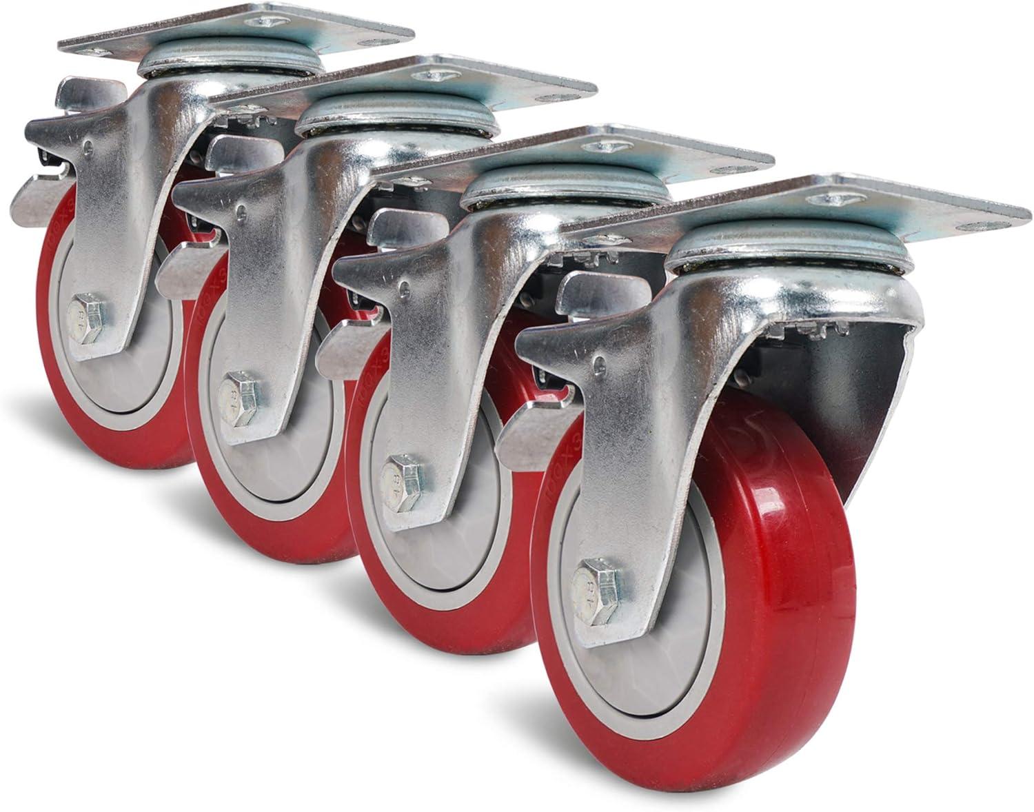 4 Pack 4” Swivel Caster Wheels with Red Polyurethane and Brake Casters, Replacement Caster Wheels for Rack Case, Home Furniture, Industrial Trailer （STLC-4）