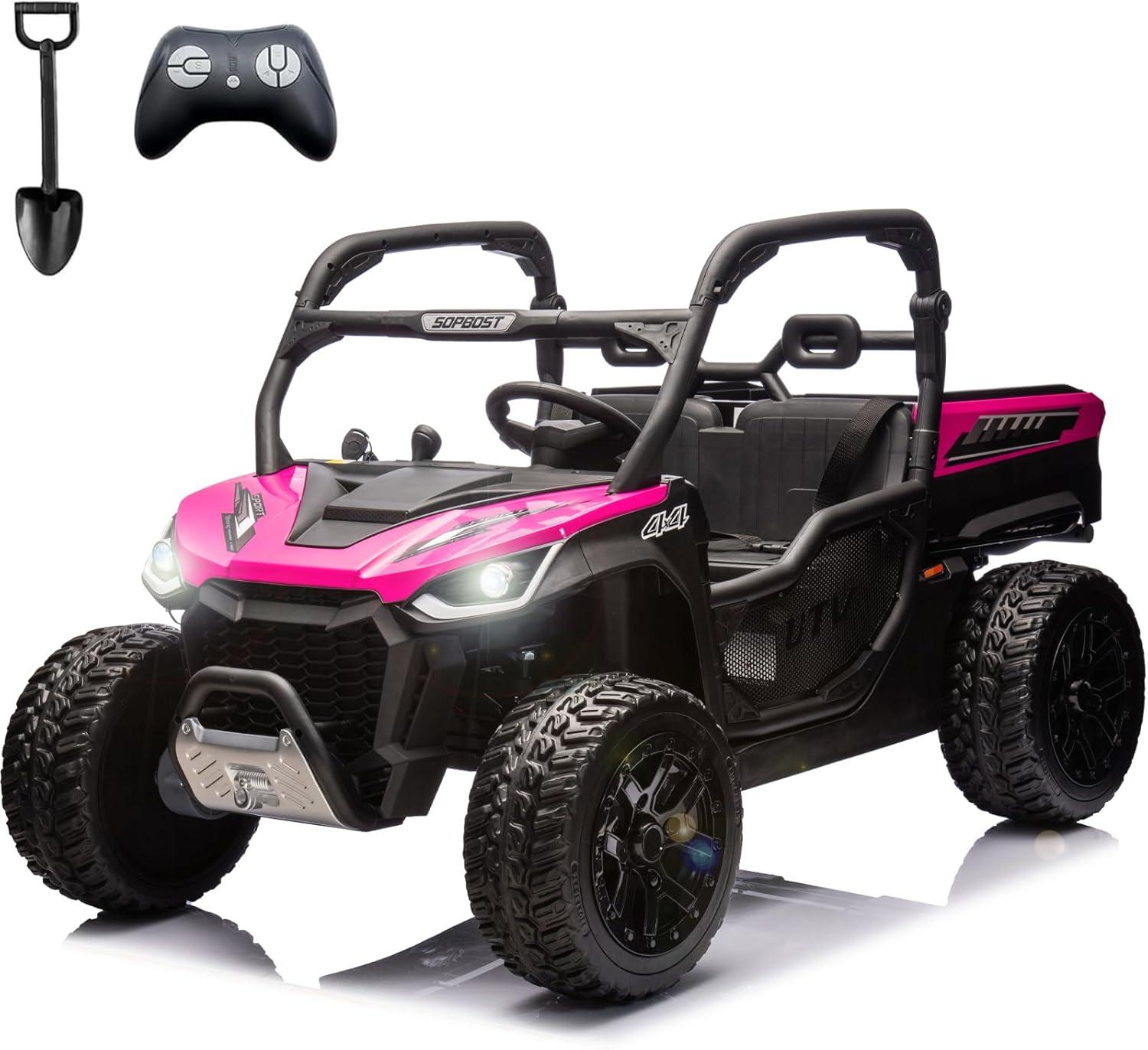 24V Kids Ride on Dump Truck with Remote Control, 2 Seater Powered 4-Wheel UTV Toys, 2x200W Ride on Tractor Car w/ Electric Dump Bed, Shovel, Bluetooth Music, Pink