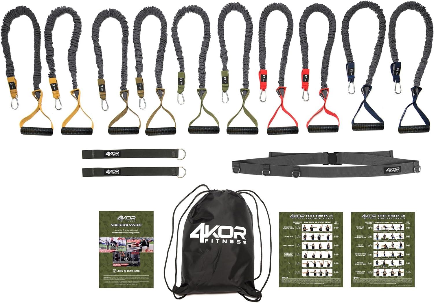 4KOR Cross Anchor Shoulder Performance Training System. Resistance Cords with Handles and Dynamic Workout Guide. Exercise Bands with Nylon Sleeves, Rubber Grips, and Carry Bag for Rehab and Strength