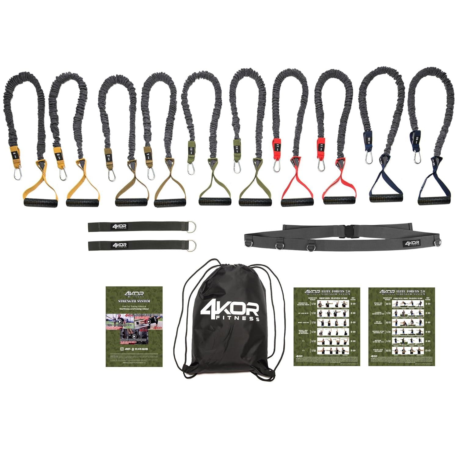 4KOR Cross Anchor Shoulder Performance Training System. Resistance Cords with Handles and Dynamic Workout Guide. Exercise Bands with Nylon Sleeves, Rubber Grips, and Carry Bag for Rehab and Strength