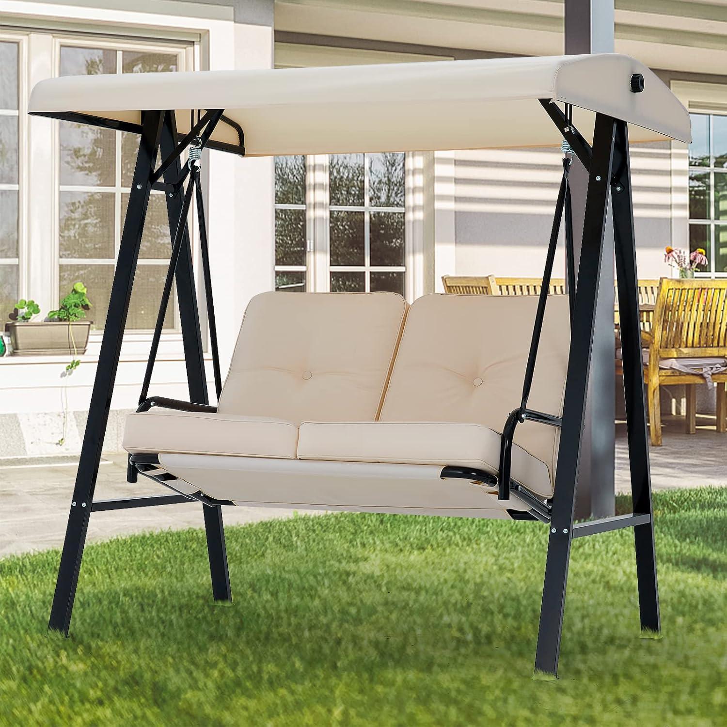 AECOJOY 2-Seat Porch Swing Chair, Patio Swing Chair w/ Cushions Beige