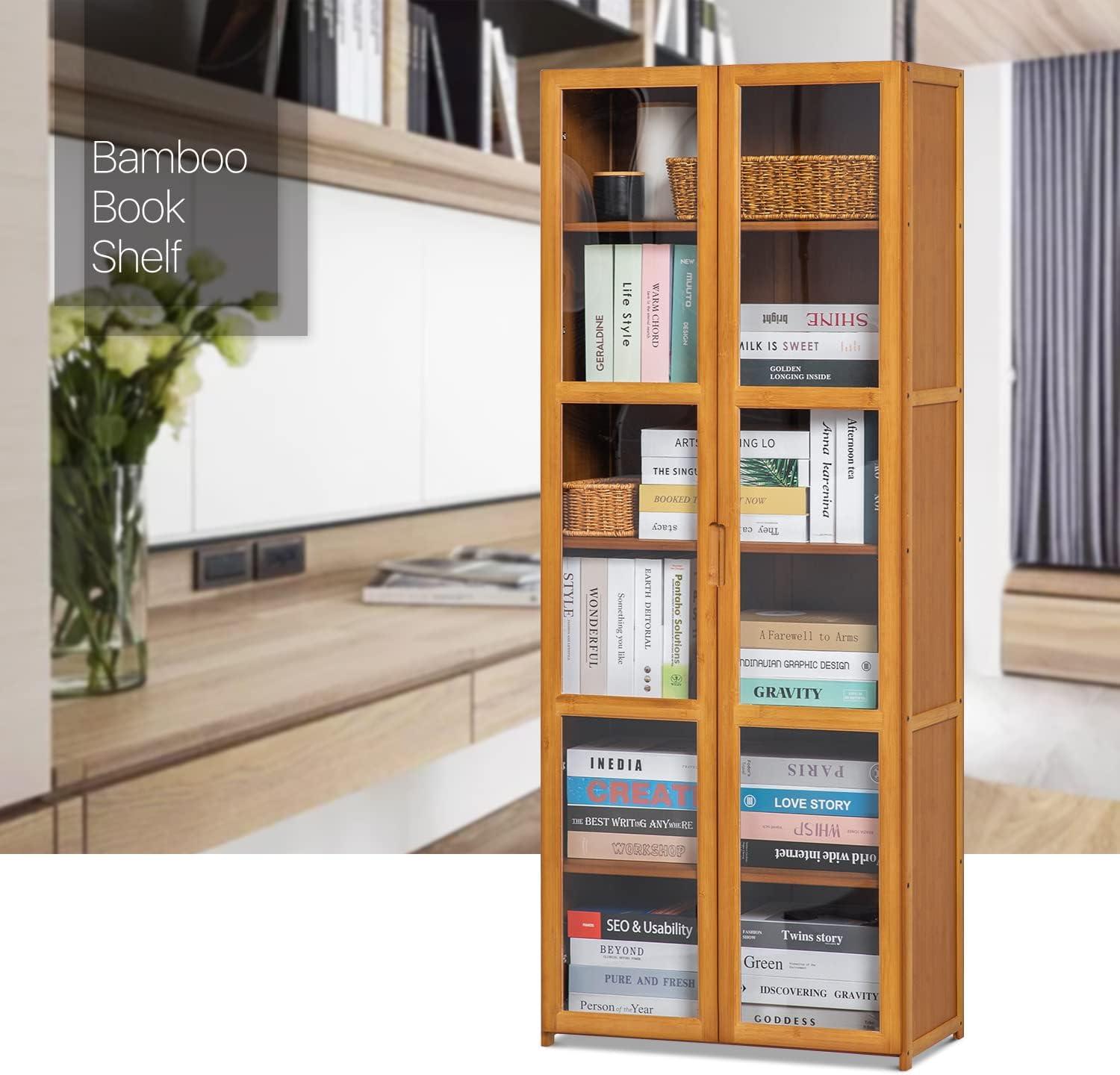 6 Tiers Rayon from Bamboo Storage Bookcase Free Standing With Clear Acrylic Door Display