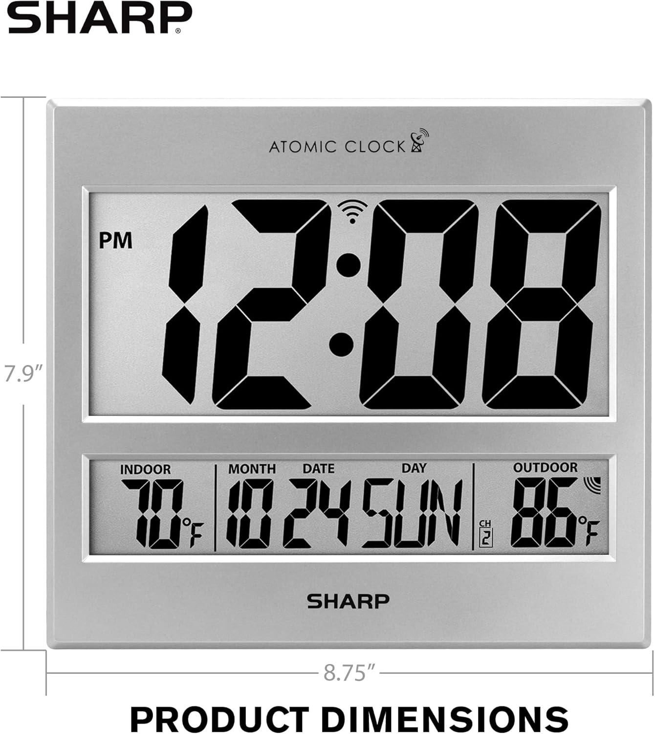 Sharp Atomic Clock - Jumbo 3" Easy to Read Numbers - Never Needs Setting!  - Indoor/ Outdoor Temperature Display with Wireless Outdoor Sensor - Silver