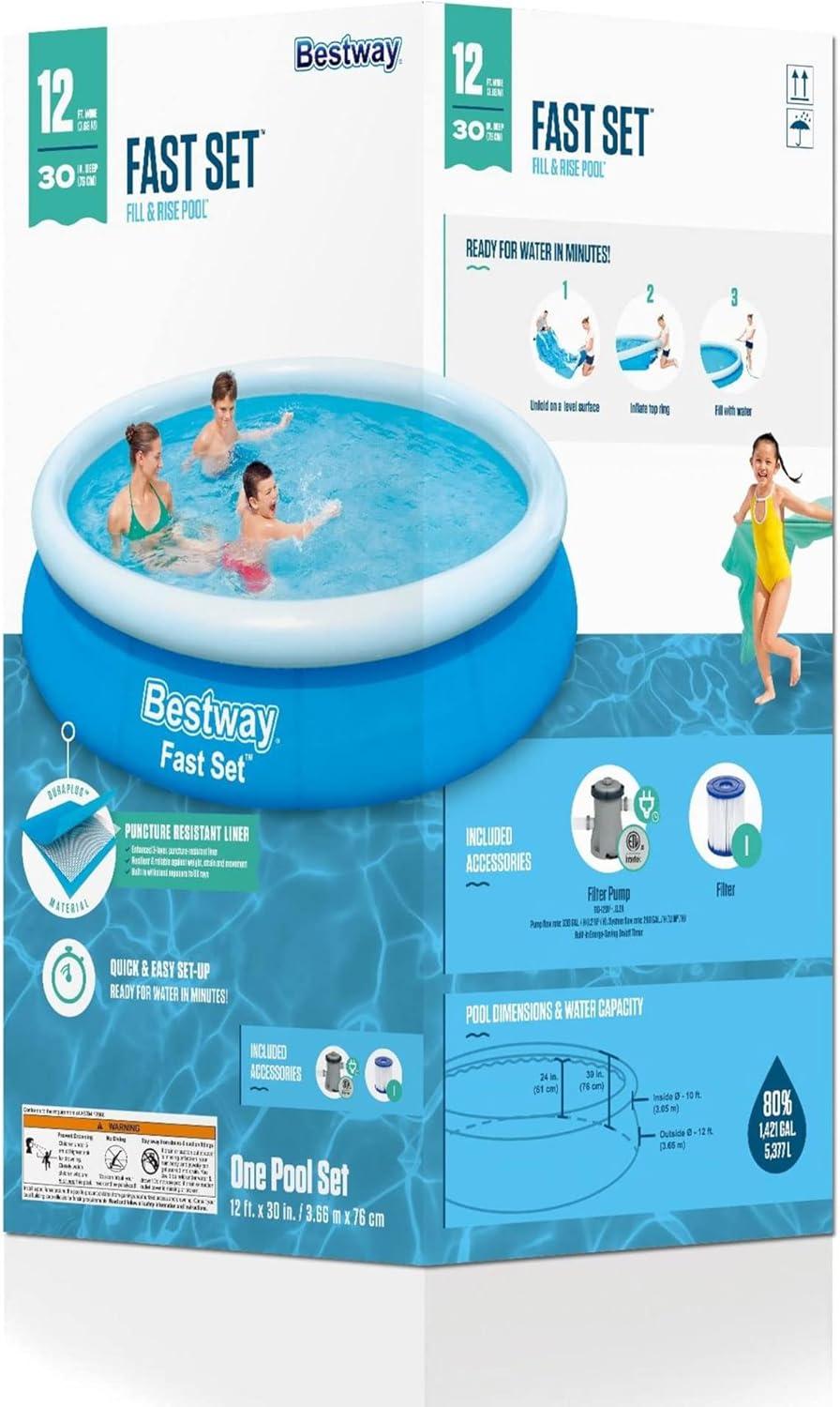 Bestway Fast Set Up Outdoor Round Inflatable Above Ground Swimming Pool Set with 330 GPH Filter Pump