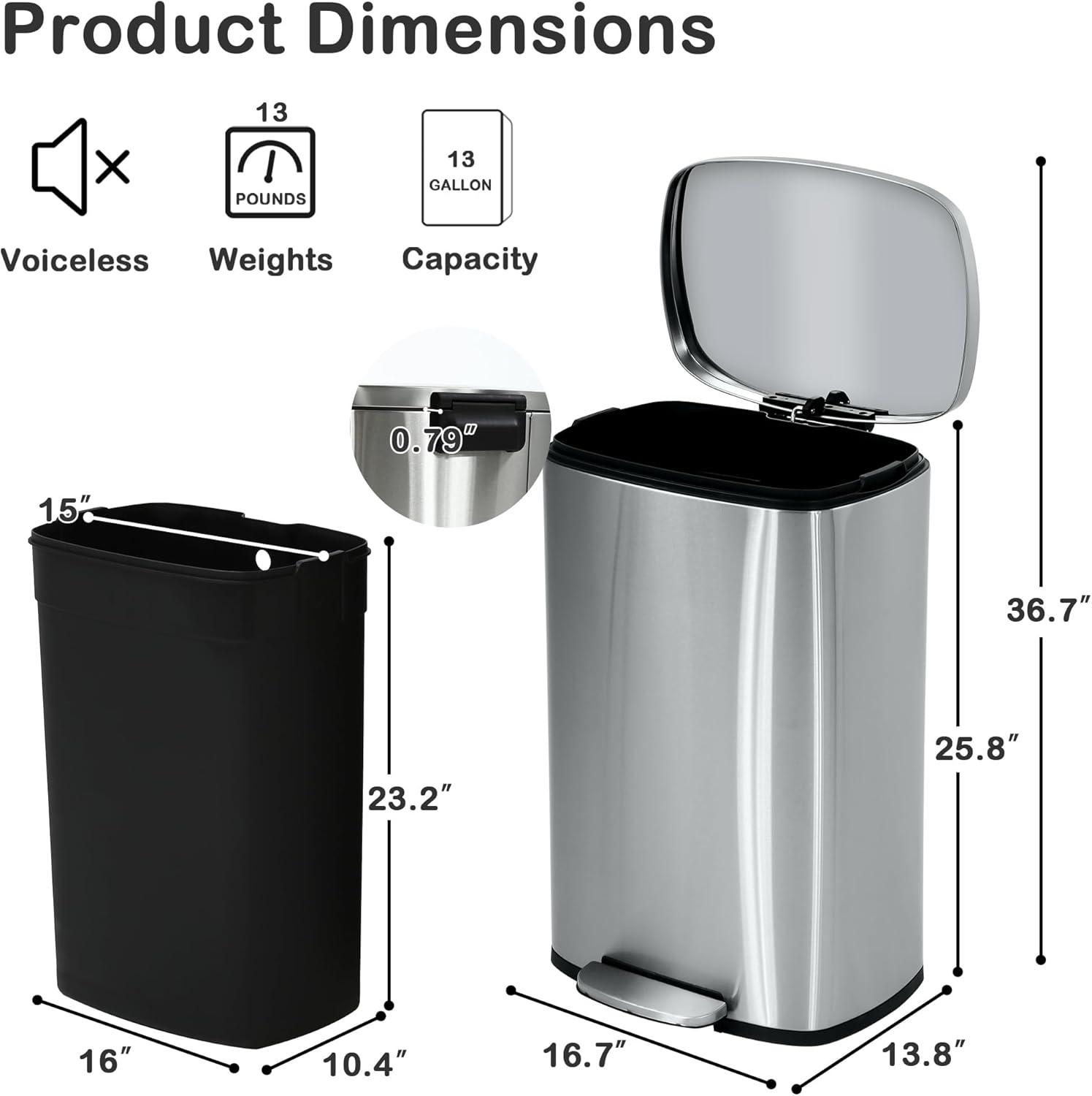ASOPIX Kitchen Trash Can, Stainless Steel 50 Liter / 13 Gallon Garbage Can