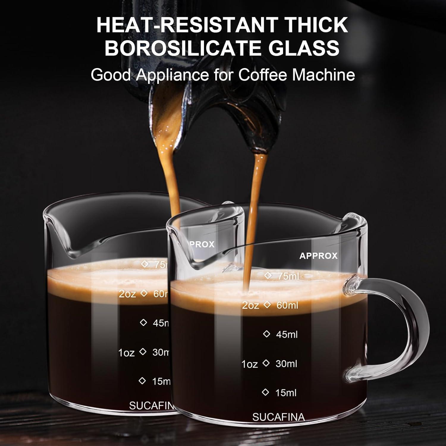 Espresso Cups Set of 2, 4 oz Double Spouts Cup, Espresso Shot Glasses with Handle, V-Shaped Spout Milk Cup, Borosilicate Glass, Mini Clear Glasses for Coffee Bar, Machine Accessories