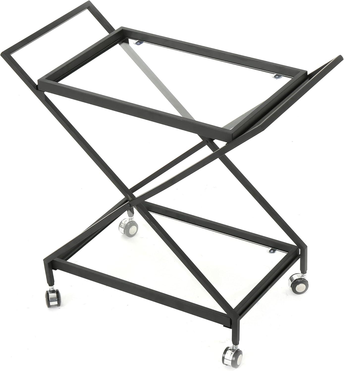 GDF Studio Sheri Indoor/Outdoor Industrial Iron Bar Cart with Tempered Glass Shelves, Black