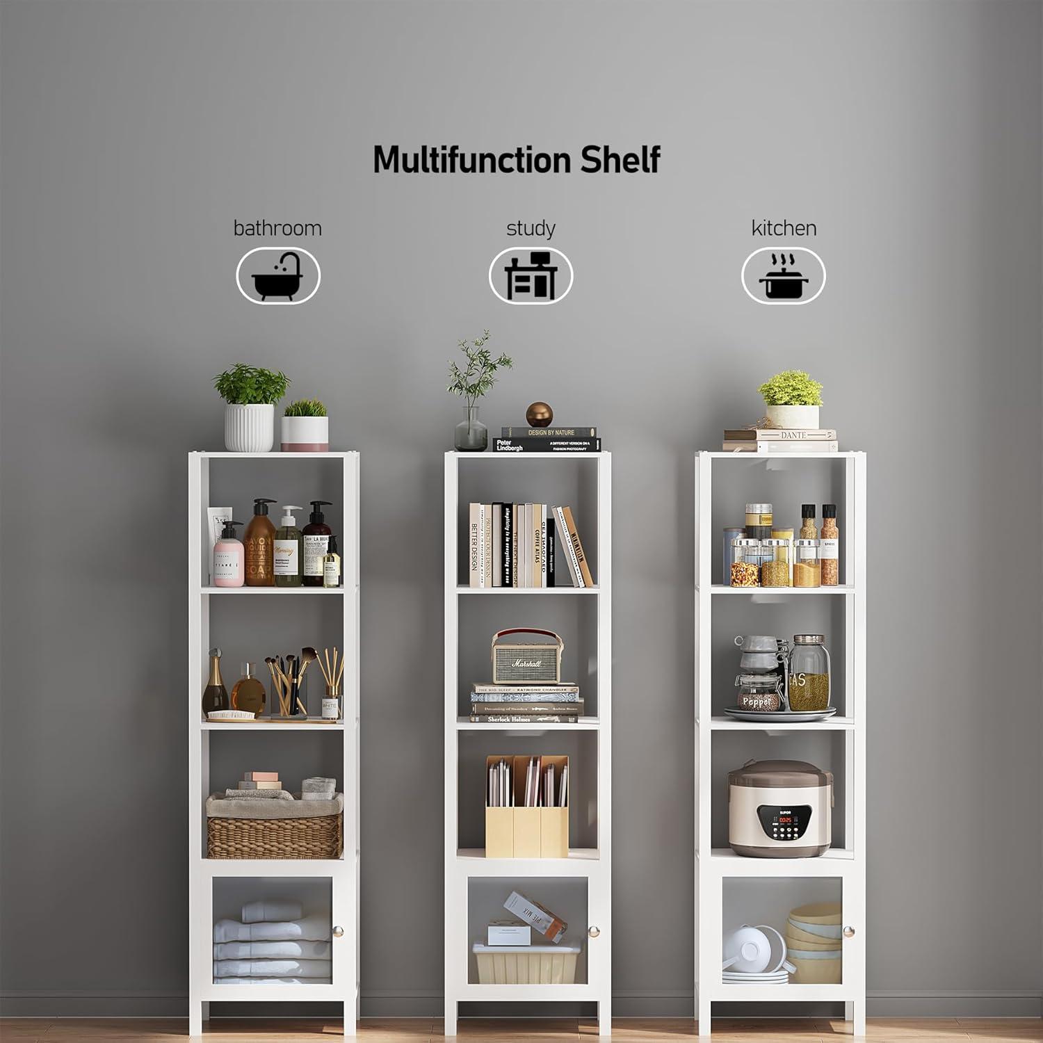 TUTOTAK 5 Tier Bookcase and Bookshelf, Narrow Book Shelf with Door for Small Space, for Living Room, Office, Study, Entryway, White BS03BW005