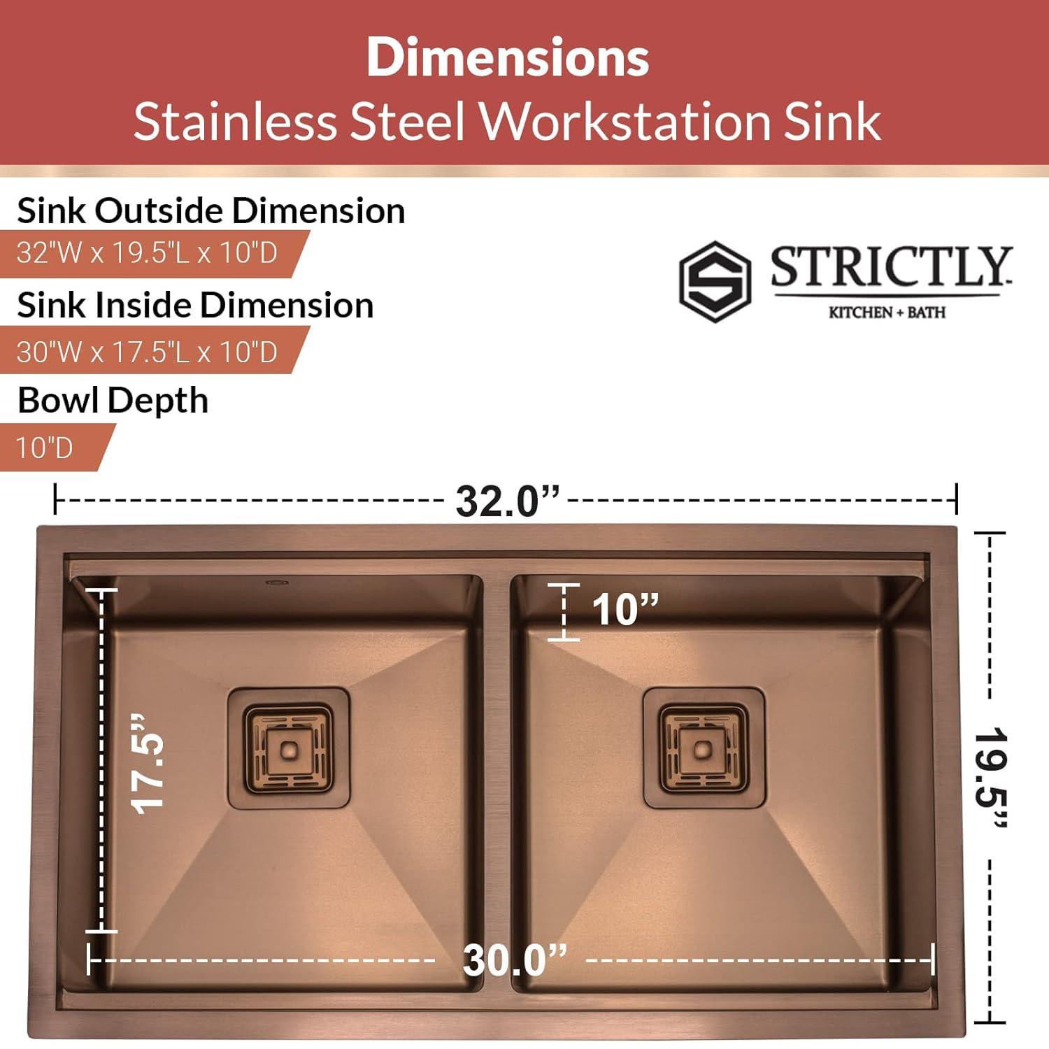 Strictly Sinks 32” Copper Undermount Workstation 16 Gauge Double Bowl Kitchen Sink Stain Resistant