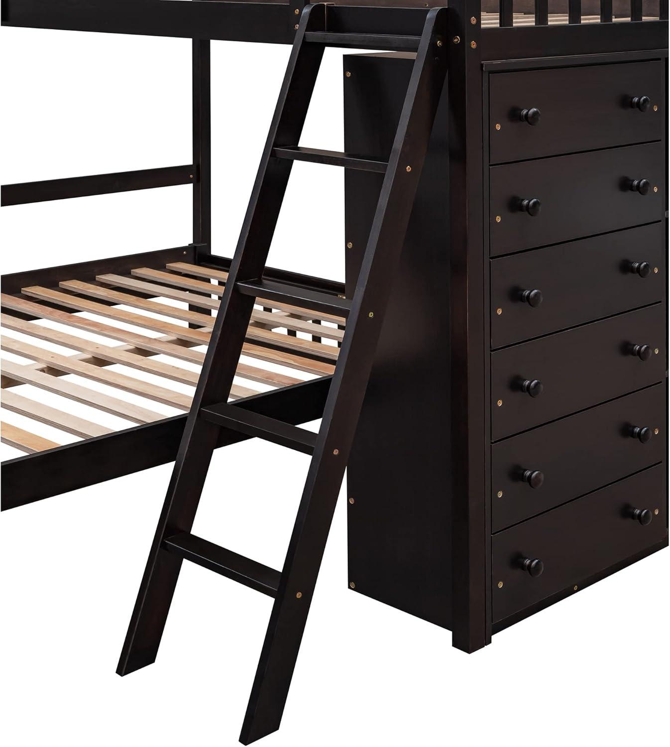 Twin Over Full Loft Bunk Bed with Storage 6 Drawers Chest and 3 Shelves Bookcase Wood Bunked Beds Frame for Kids Boys Girls Teens, Espresso