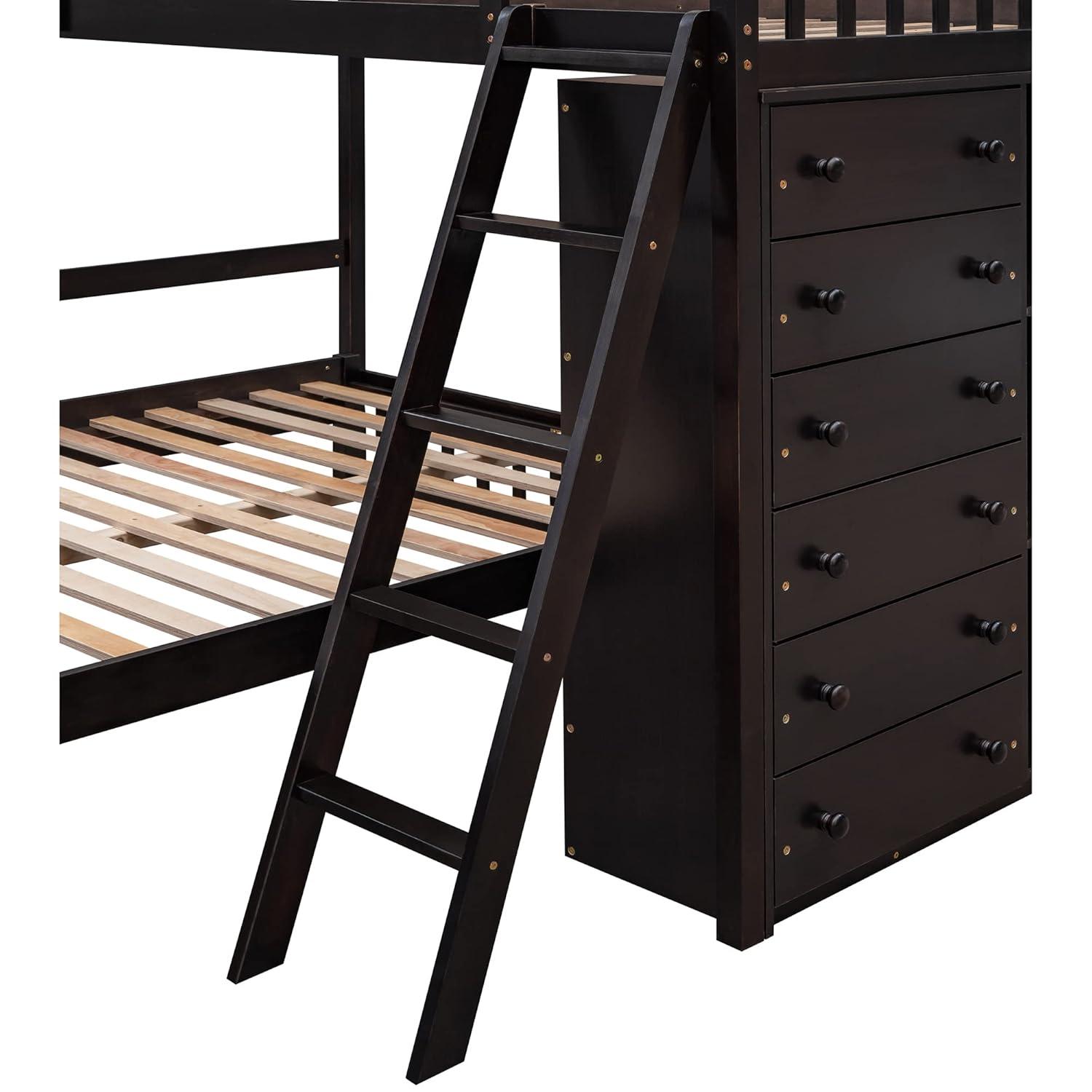 Twin Over Full Loft Bunk Bed with Storage 6 Drawers Chest and 3 Shelves Bookcase Wood Bunked Beds Frame for Kids Boys Girls Teens, Espresso