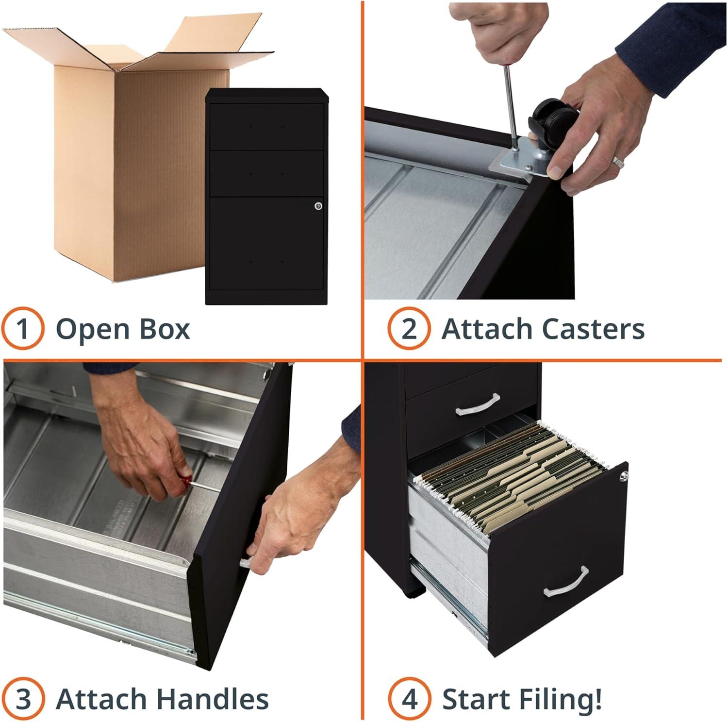 Black Mobile 3-Drawer Lockable Metal File Cabinet