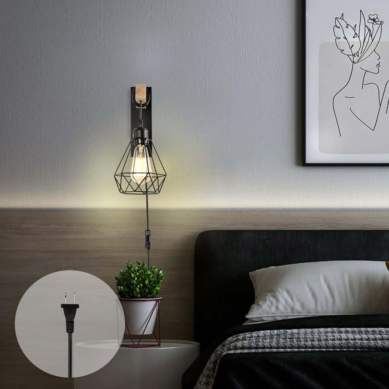 Black and Wood Plug-In Wall Sconce Set with Cage Shade