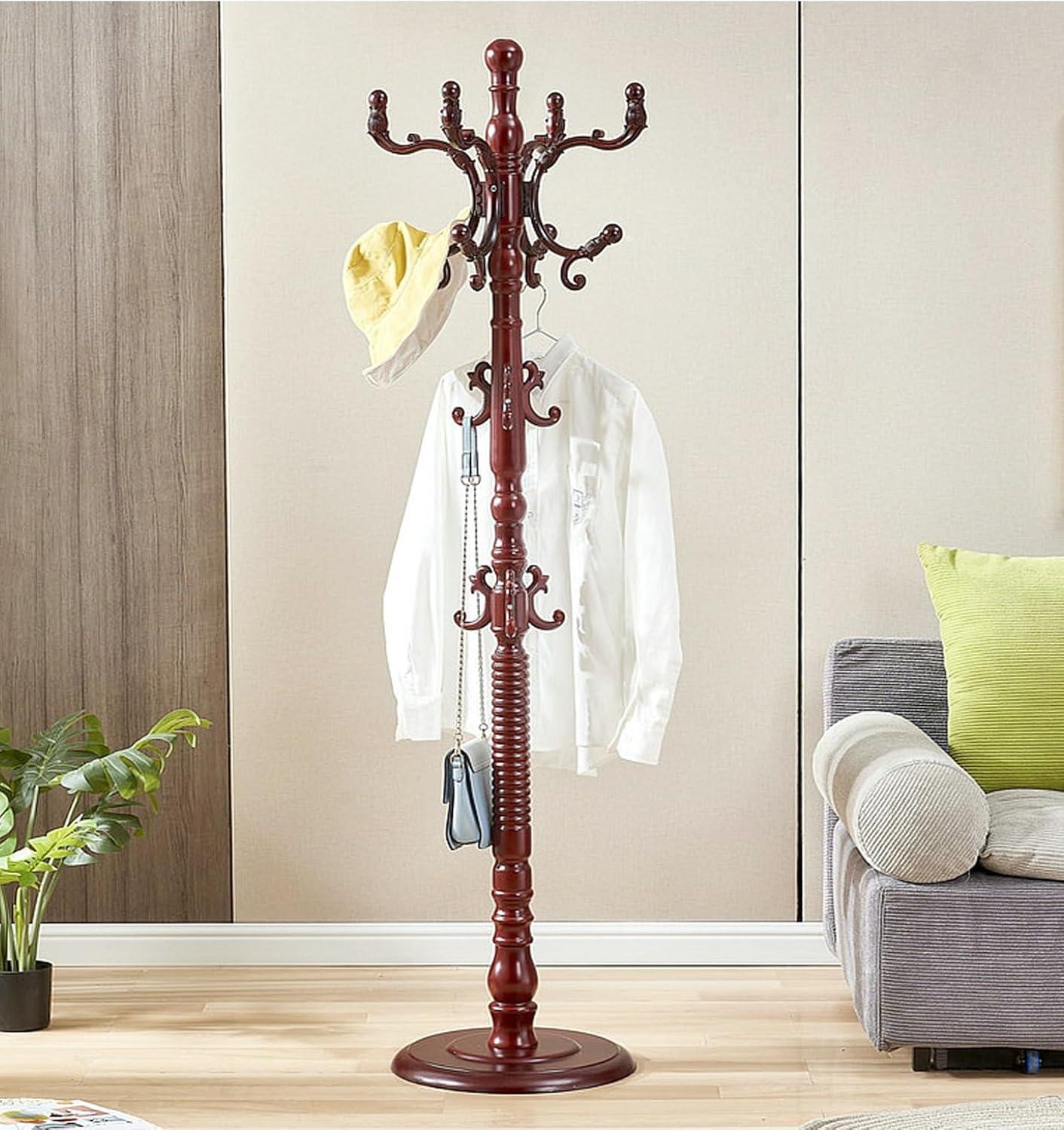 Red Barrel Studio® Wood Coat Rack Stand, Wooden Coat Rack Freestanding With Sturdy Round Base, Coat Racks With 14 Hooks, Natural Birch Wood Entryway Coat Tree Hanger Stand Easy To Assemble