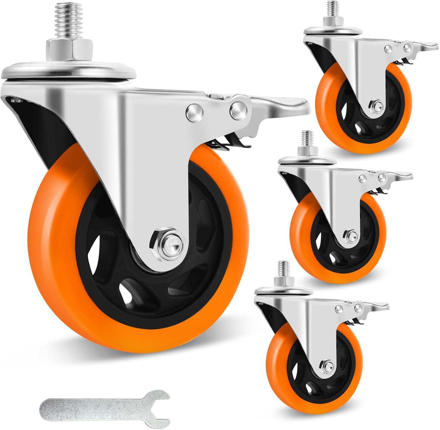 4 Inch Orange Polyurethane Heavy Duty Stem Caster Wheels with Dual Locking