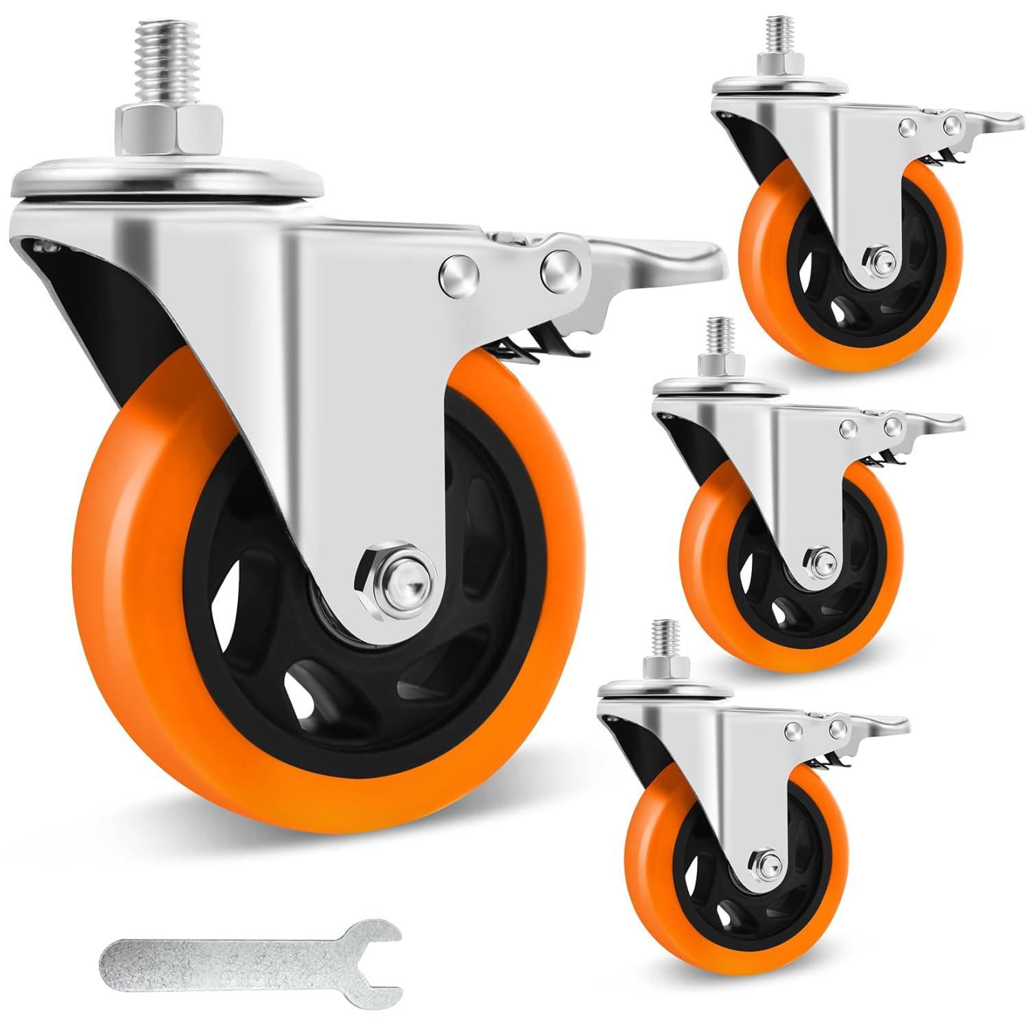 4 Inch Orange Polyurethane Heavy Duty Stem Caster Wheels with Dual Locking