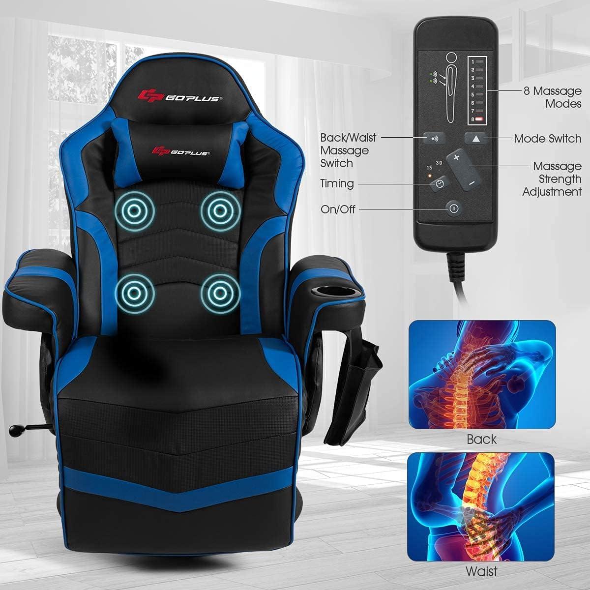 Costway Massage Gaming Recliner Reclining Racing Chair Swivel Blue