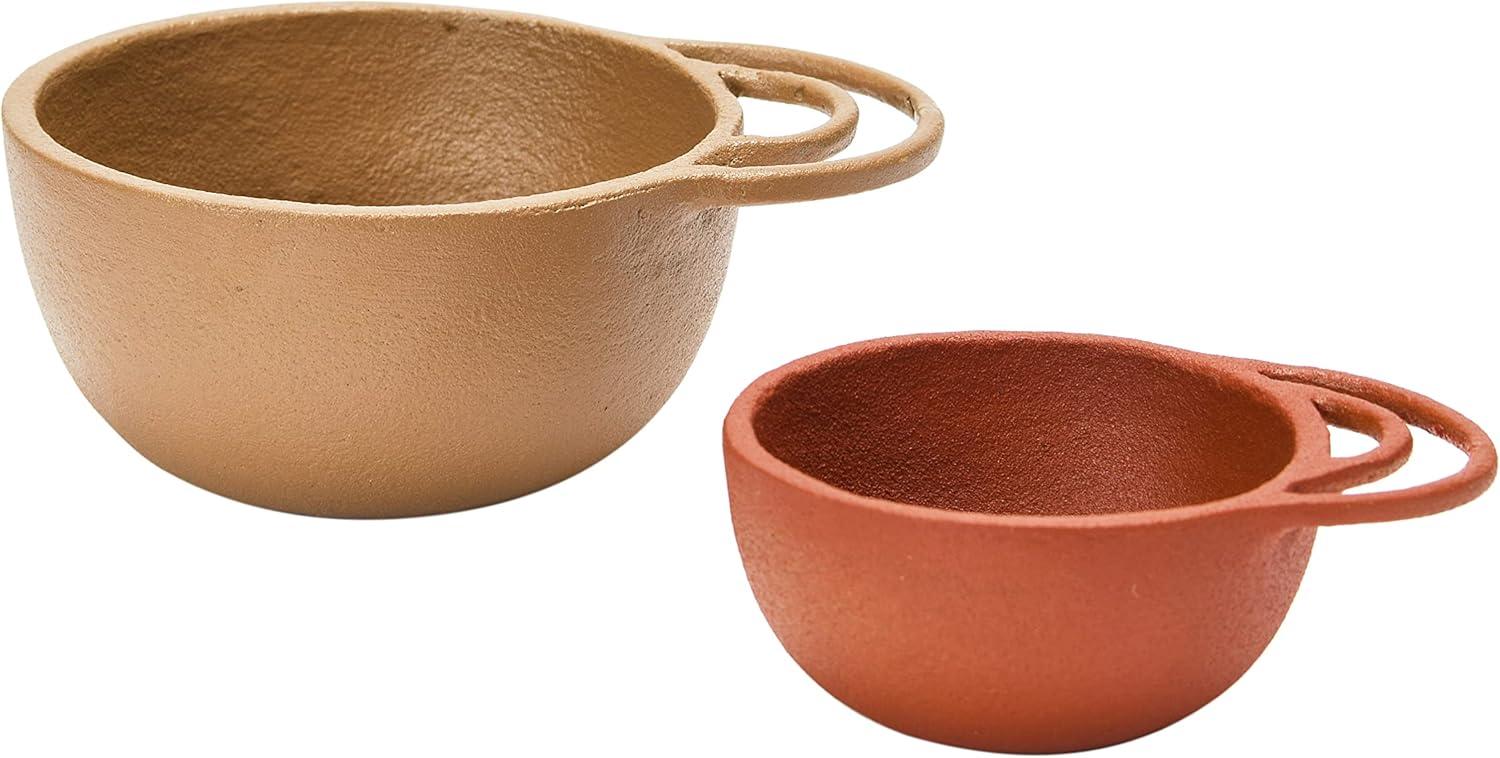 Set of 2 Terracotta and Sand Textured Metal Bowls with Handles