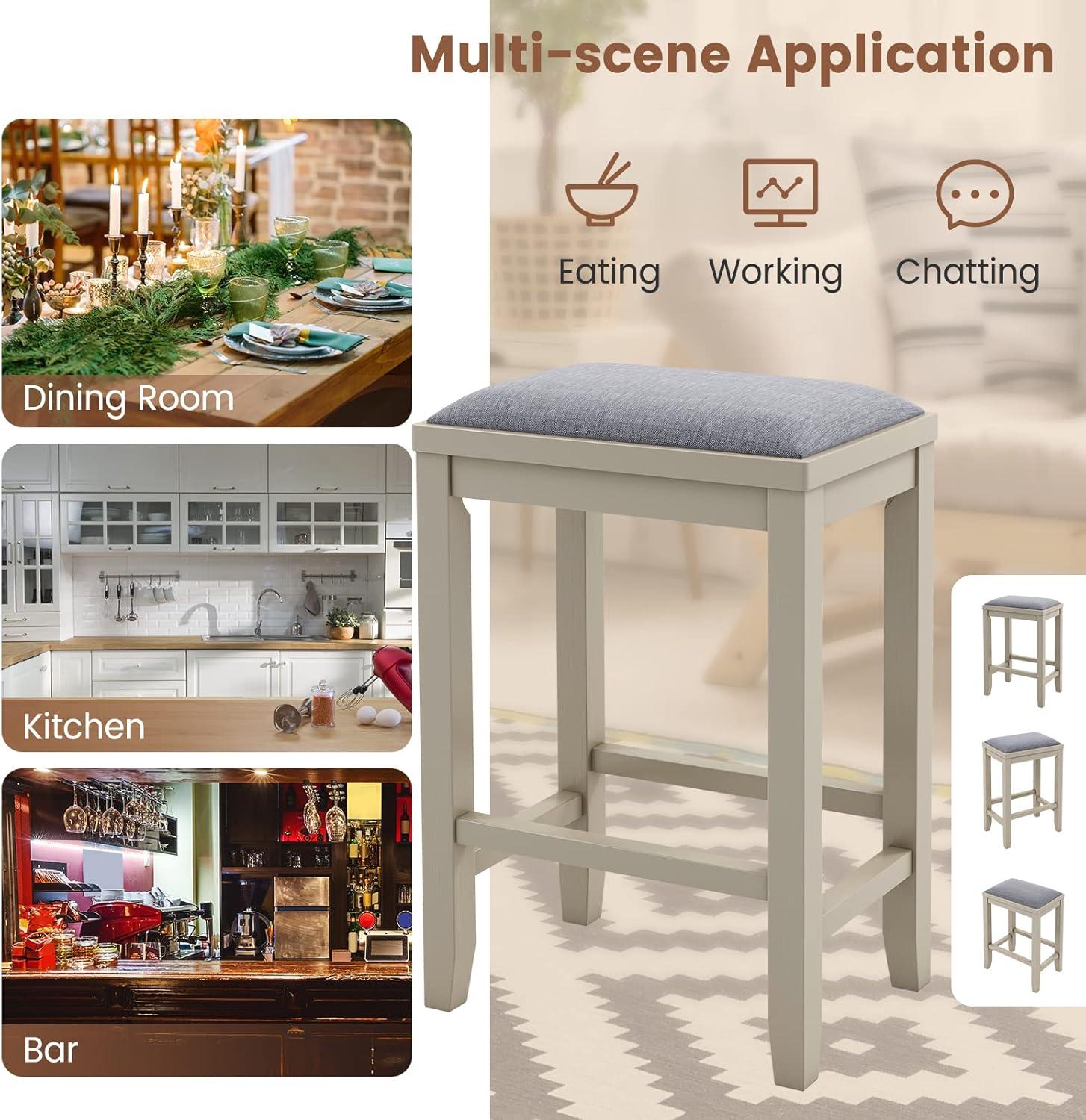 Costway Set of 2 Upholstered Bar Stools Wooden Counter Height Dining Chairs Griege