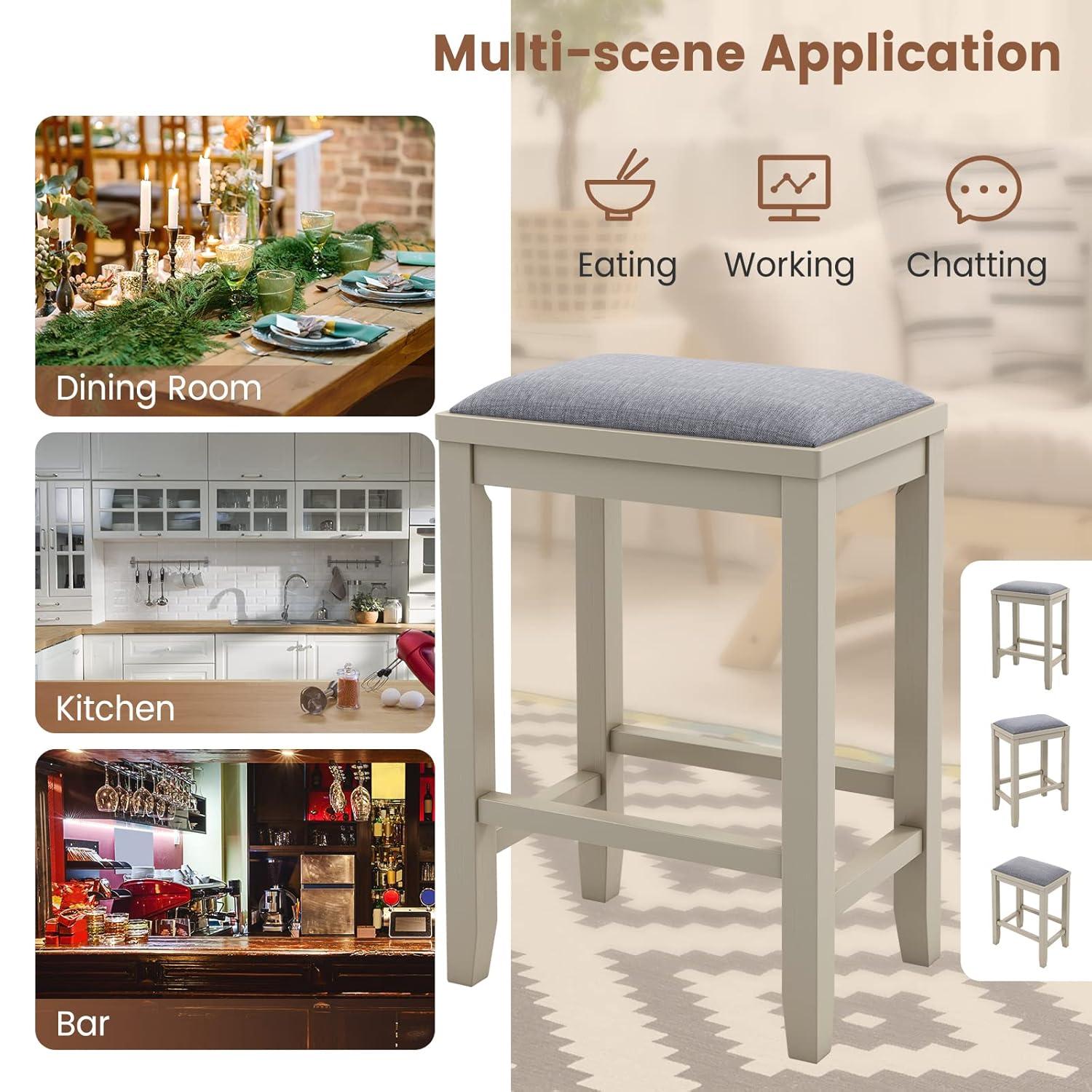 Costway Set of 2 Upholstered Bar Stools Wooden Counter Height Dining Chairs Griege