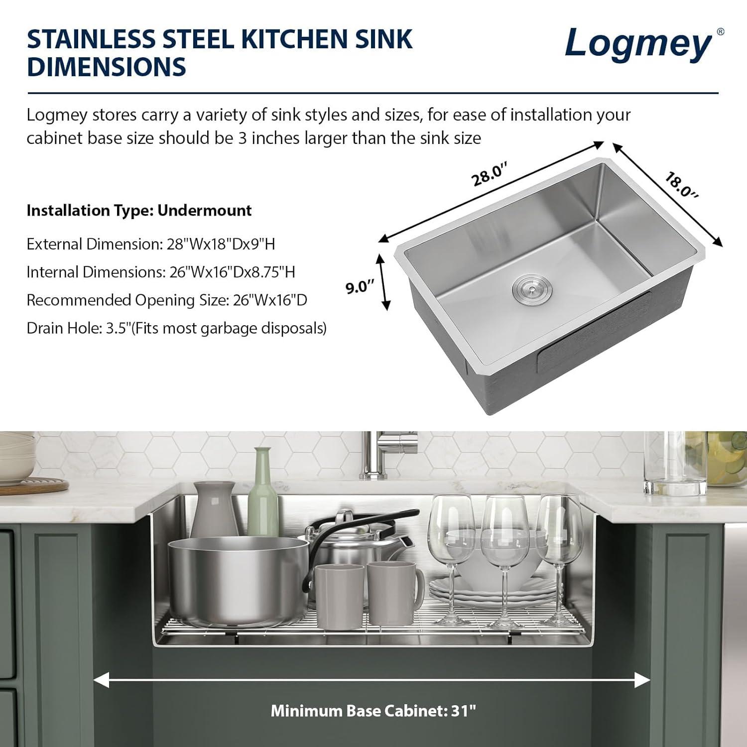 Sarlai 28'' L x 18" W Undermount Single Bowl Stainless Steel Kitchen Sink with Sink Grid and Basket Strainer SU2818R