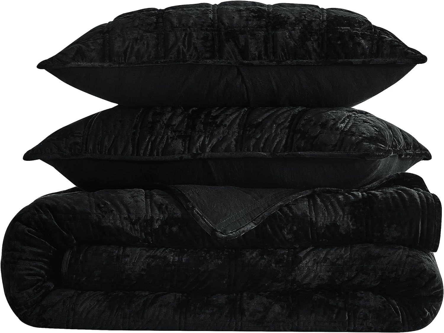 Oversized King Black Velvet Reversible Quilt Set