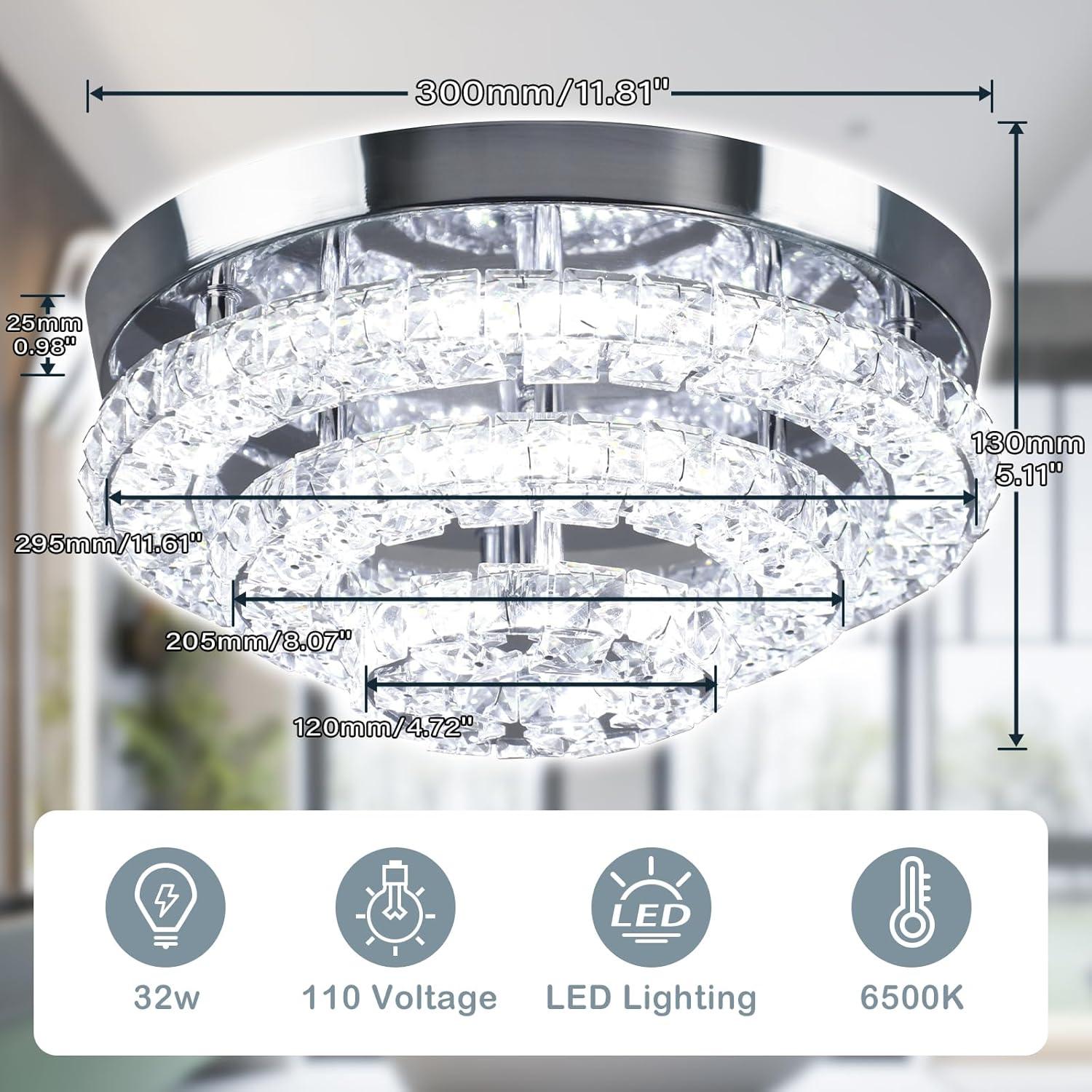 11.8" Crystal Chandeliers Modern Crystal Ceiling Light LED Chandeliers Semi Flush Mount Chandelier Crystal Ceiling Light Fixture for Bedrooms Dining Living Room Hallway (6500K Cool White)